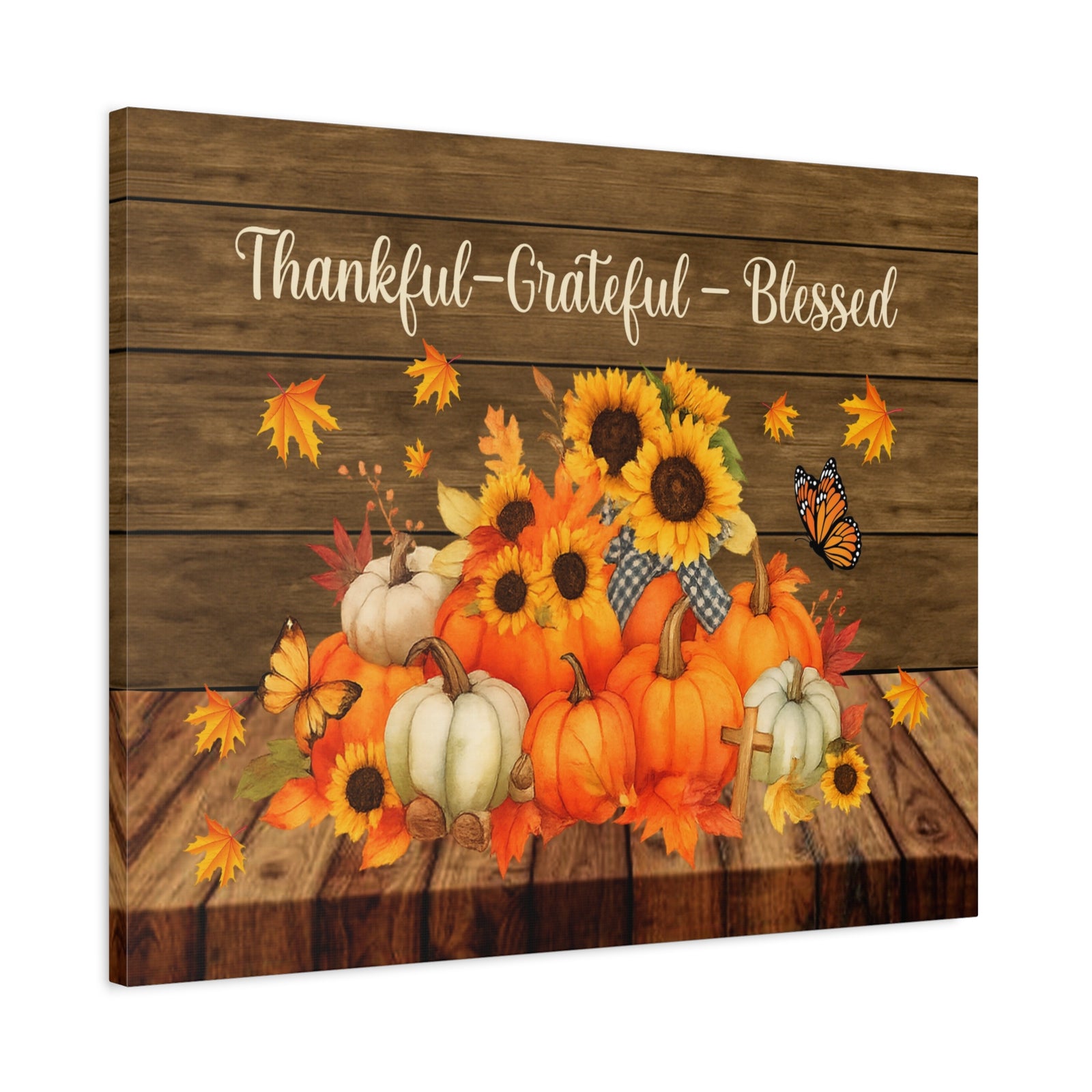 Thankful Grateful Blessed Pumpkin Canvas Wall Art – Rustic Autumn Decor-Express Your Love Gifts