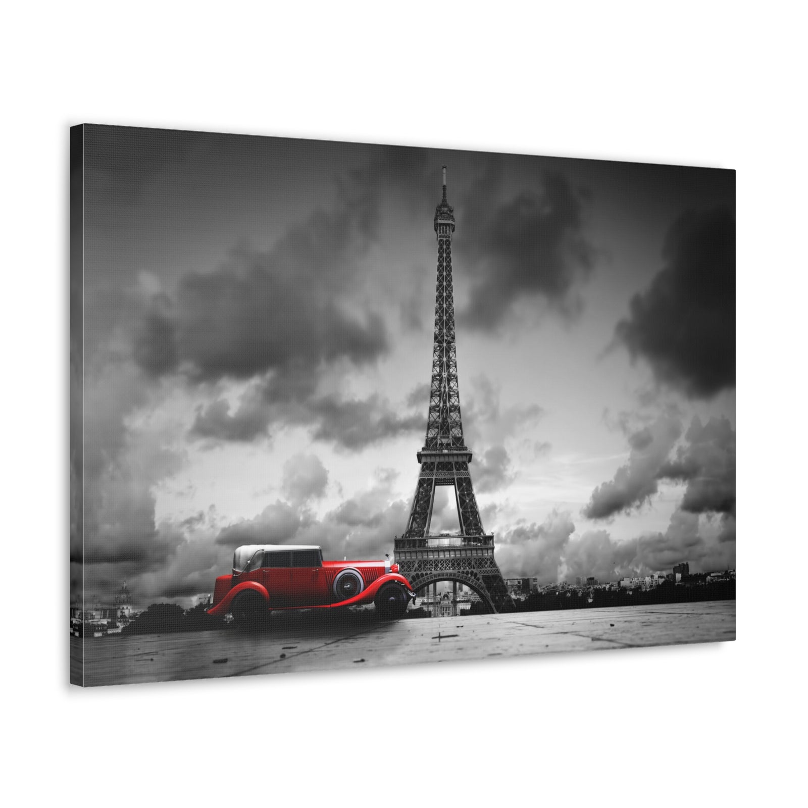 Eiffel Tower And Red Retro Car, France Canvas Artwork High-Quality Breathtaking French City for Home Decor Ready to Hang -Express Your Love Gifts