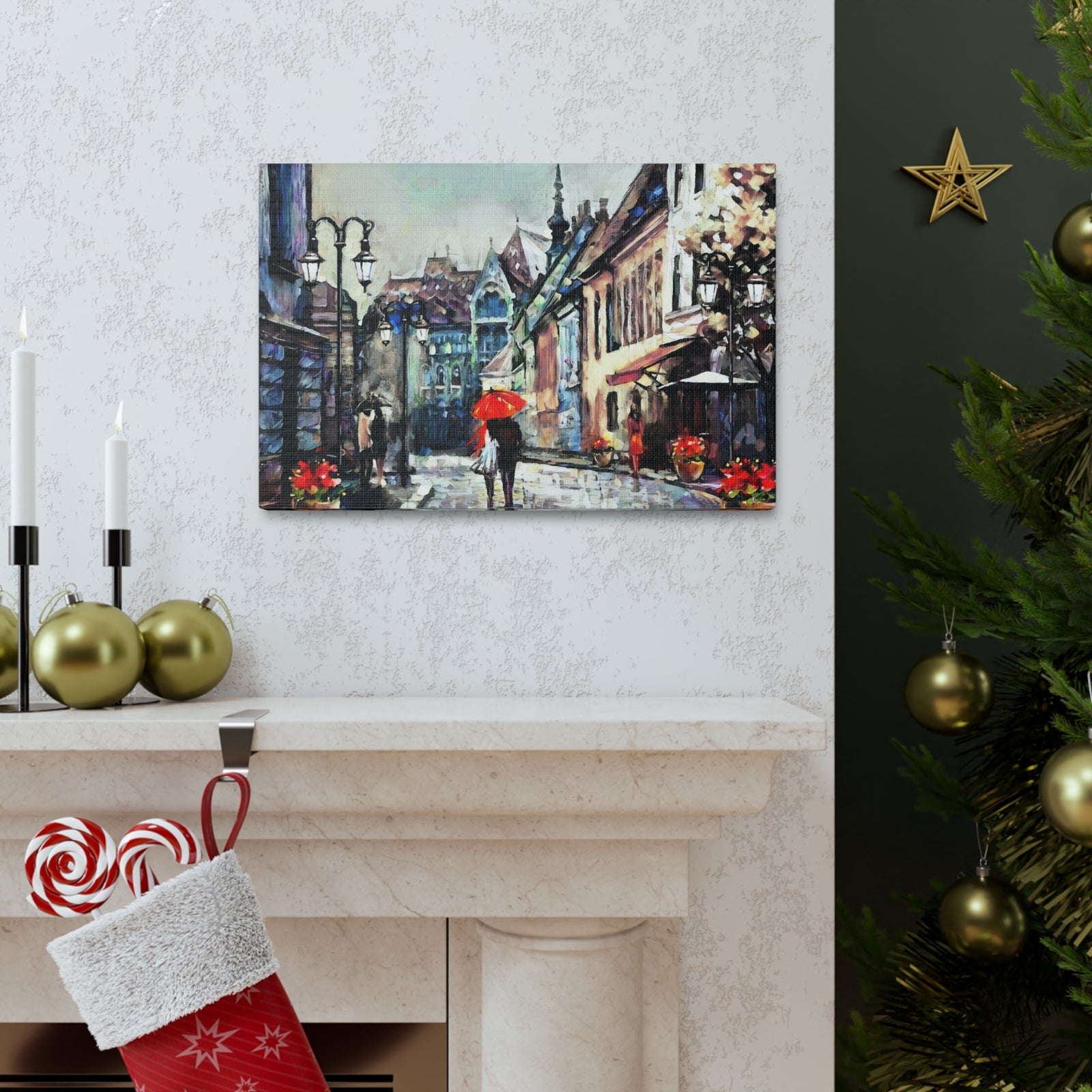 Paris Street View Couple With Red Umbrella France Canvas Artwork High-Quality Breathtaking French City for Home Decor Ready to Hang-Express Your Love Gifts