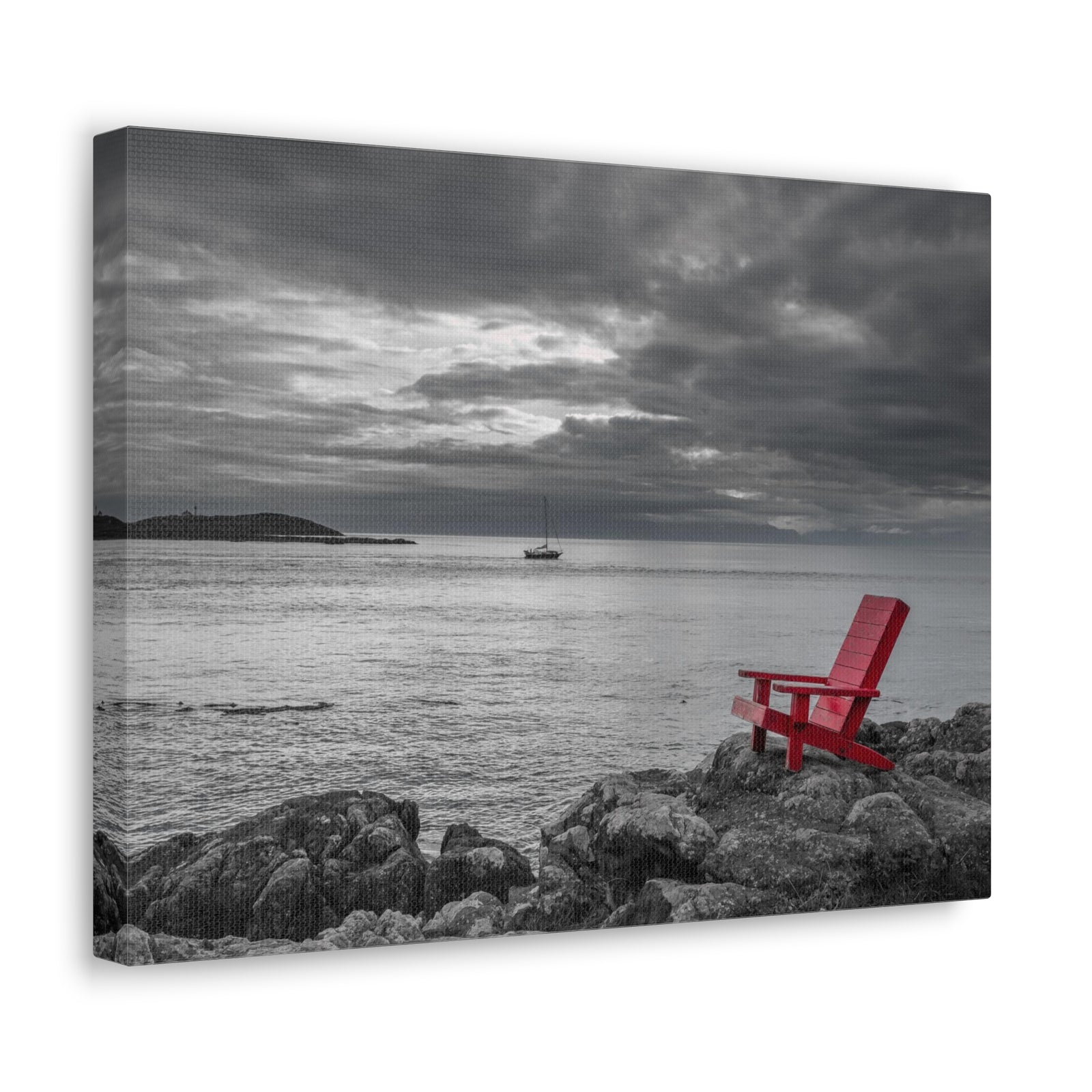 Red Chair On Ocean Side Rocks Ocean Canvas Wall Art for Home Decor Ready-to-Hang-Express Your Love Gifts