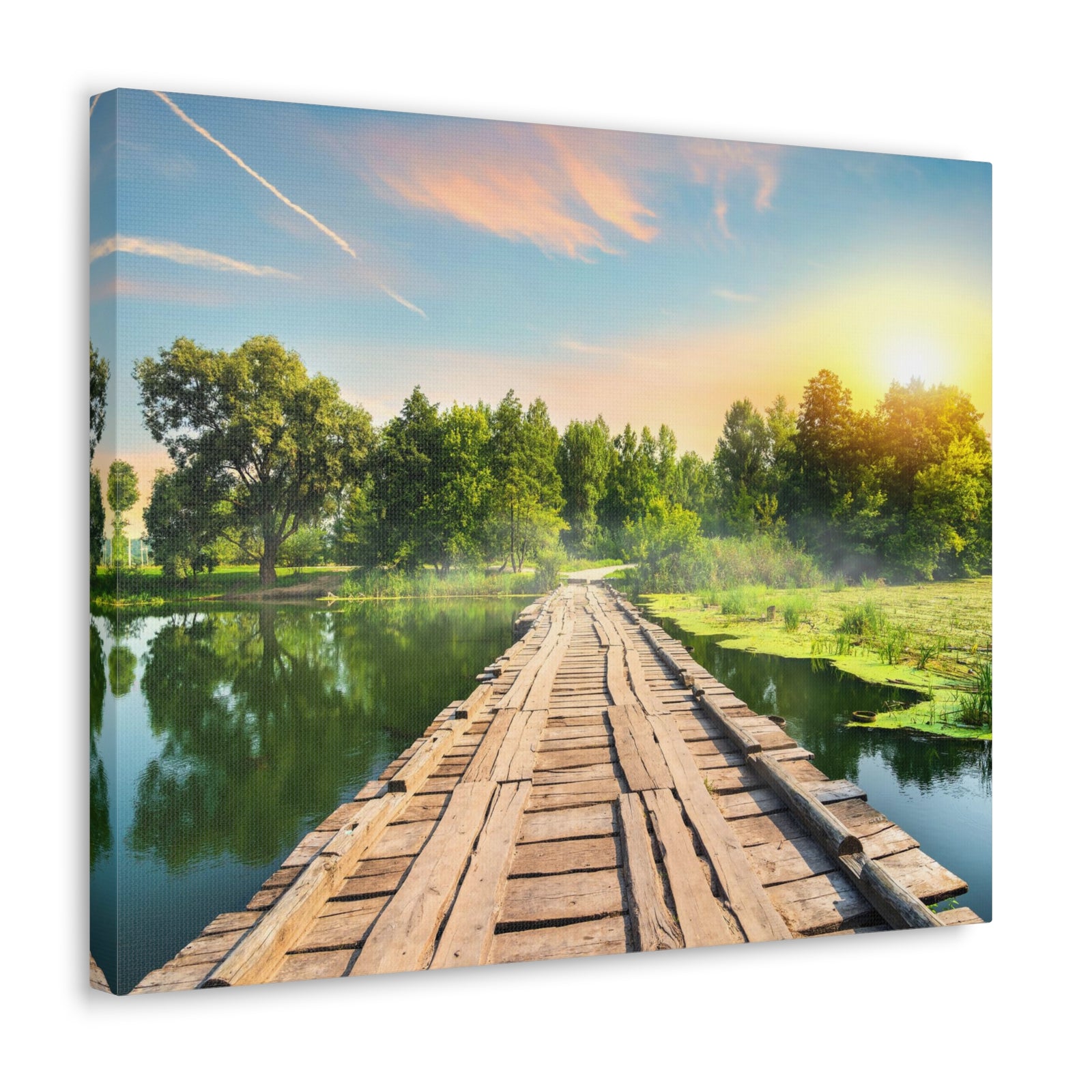 Lake at Dawn Wooden Bridge Nature Wilderness Photography Canvas Wall Art for Home Decor Ready-to-Hang-Express Your Love Gifts