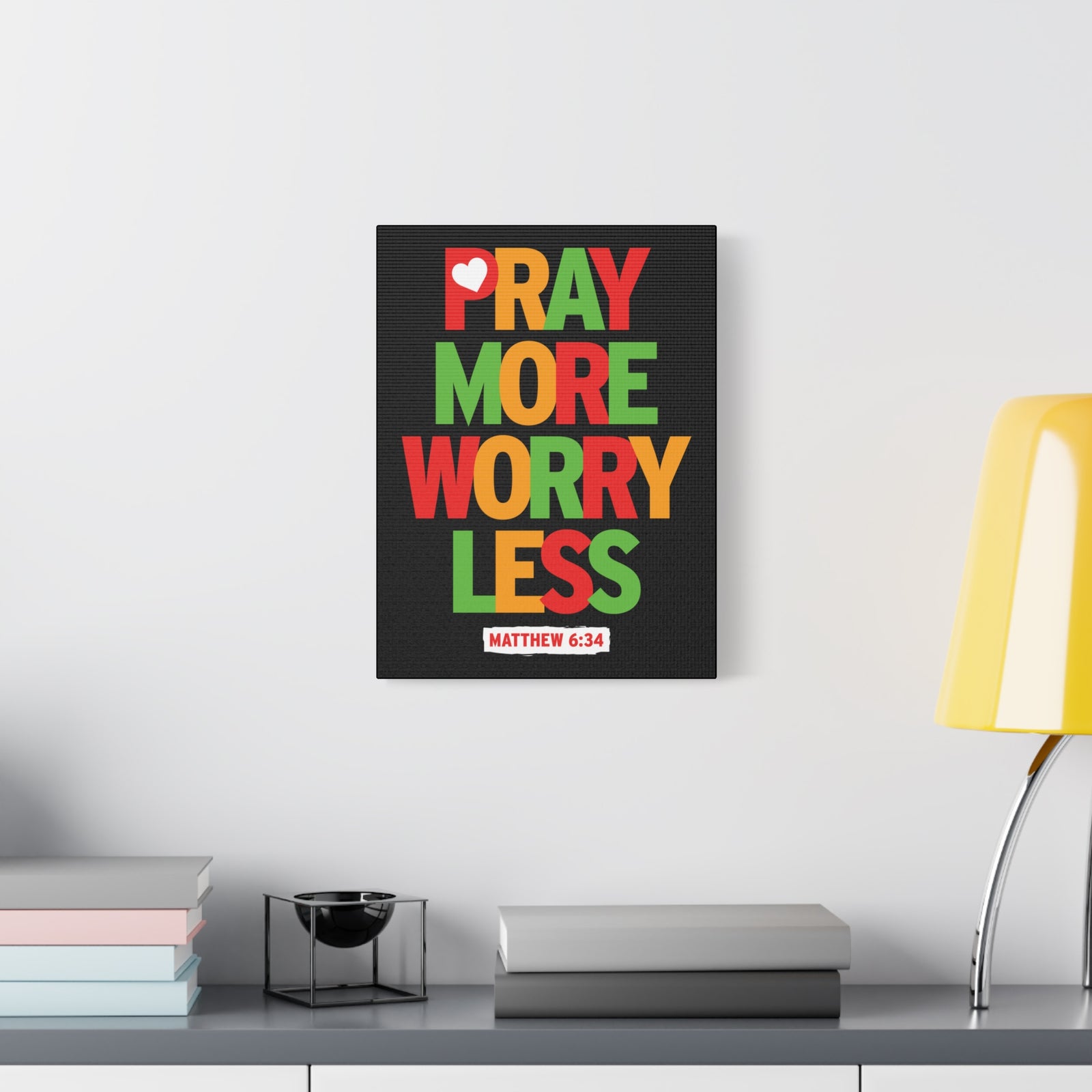 Scripture Canvas Pray More Worry Less Matthew 6:34 Christian Wall Art Bible Verse Print Ready To Hang-Express Your Love Gifts