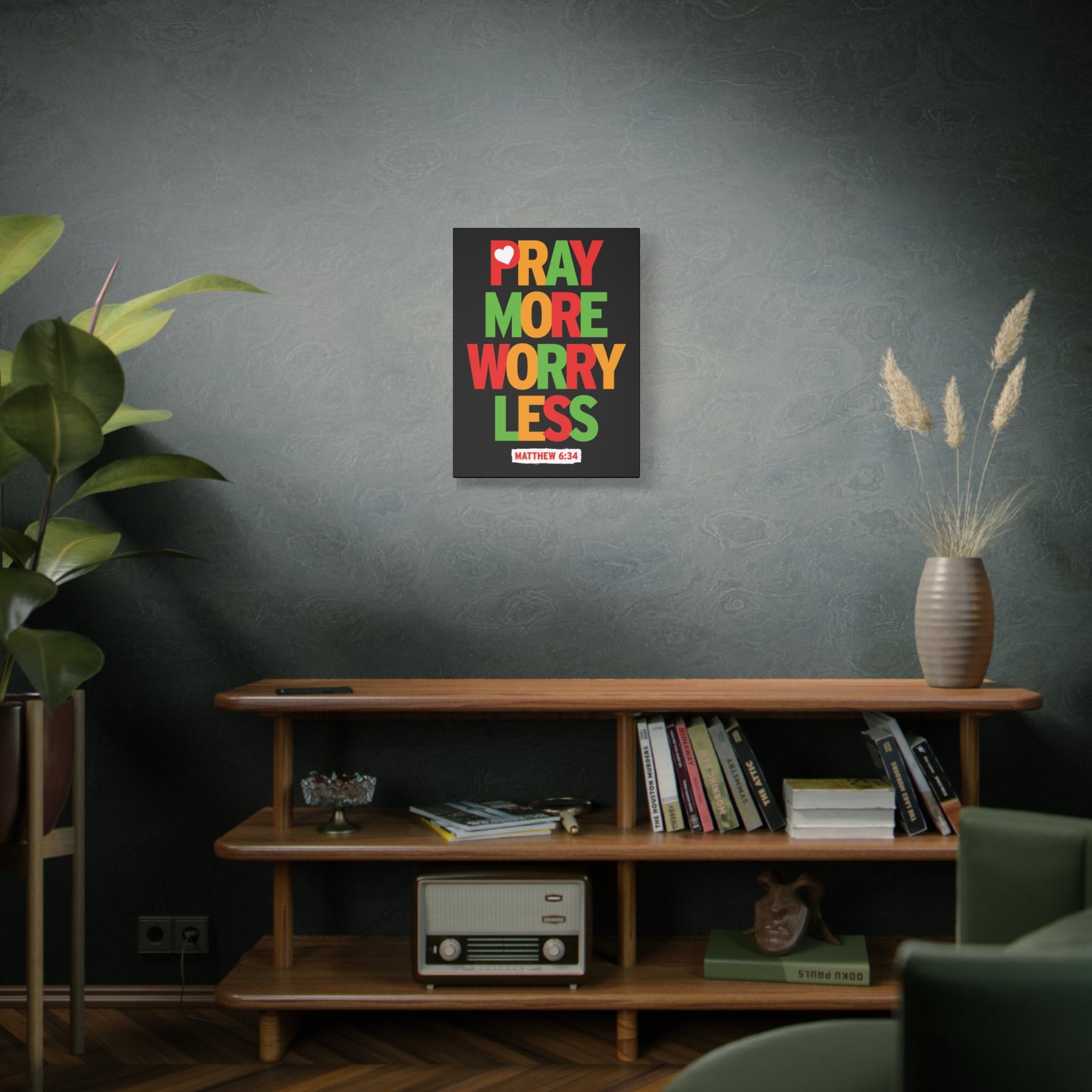 Scripture Canvas Pray More Worry Less Matthew 6:34 Christian Wall Art Bible Verse Print Ready To Hang-Express Your Love Gifts