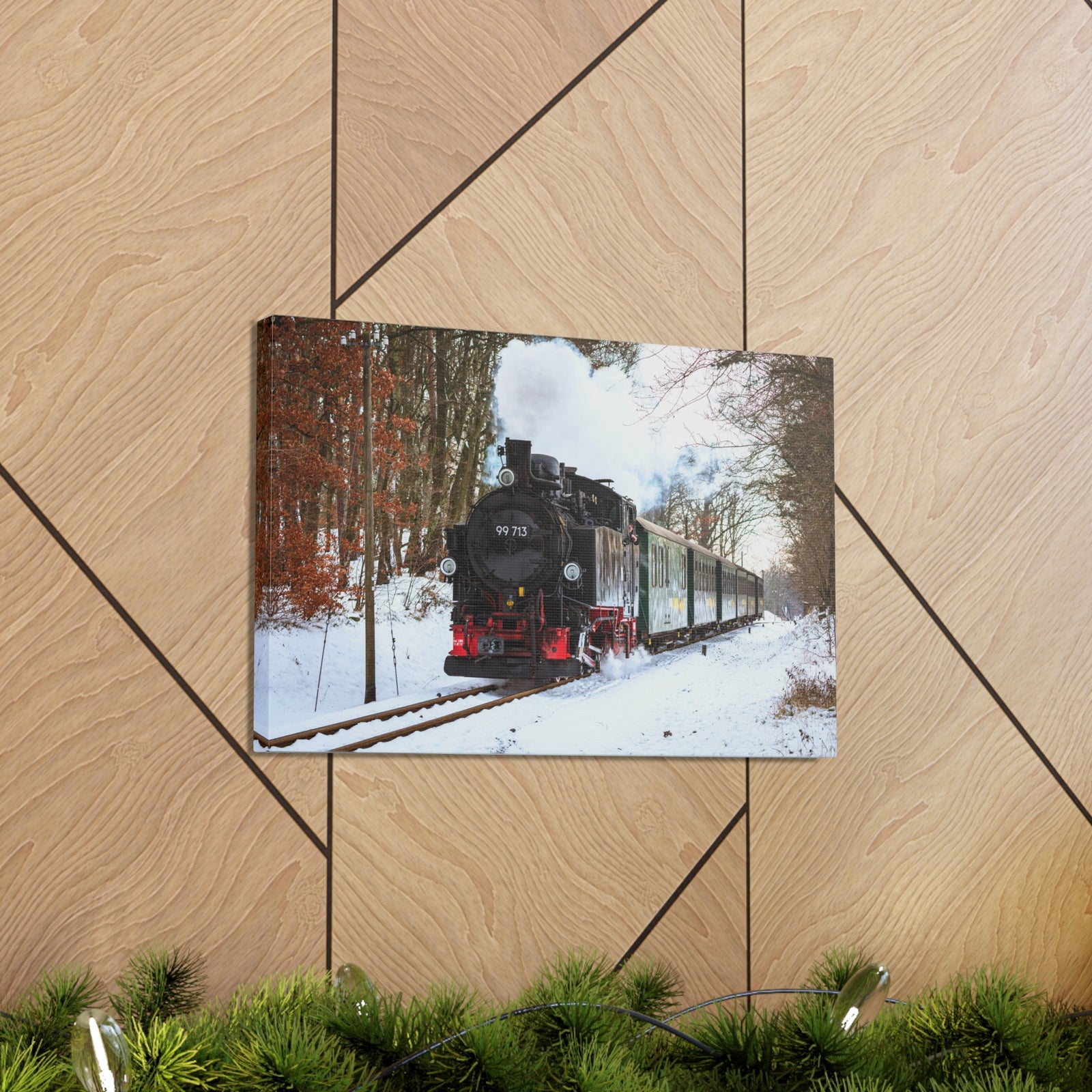 Steam Train Winter White Smoke Modern Multicolor Scenic Nature Photography Canvas Home Office Decor Ready to Hang-Express Your Love Gifts
