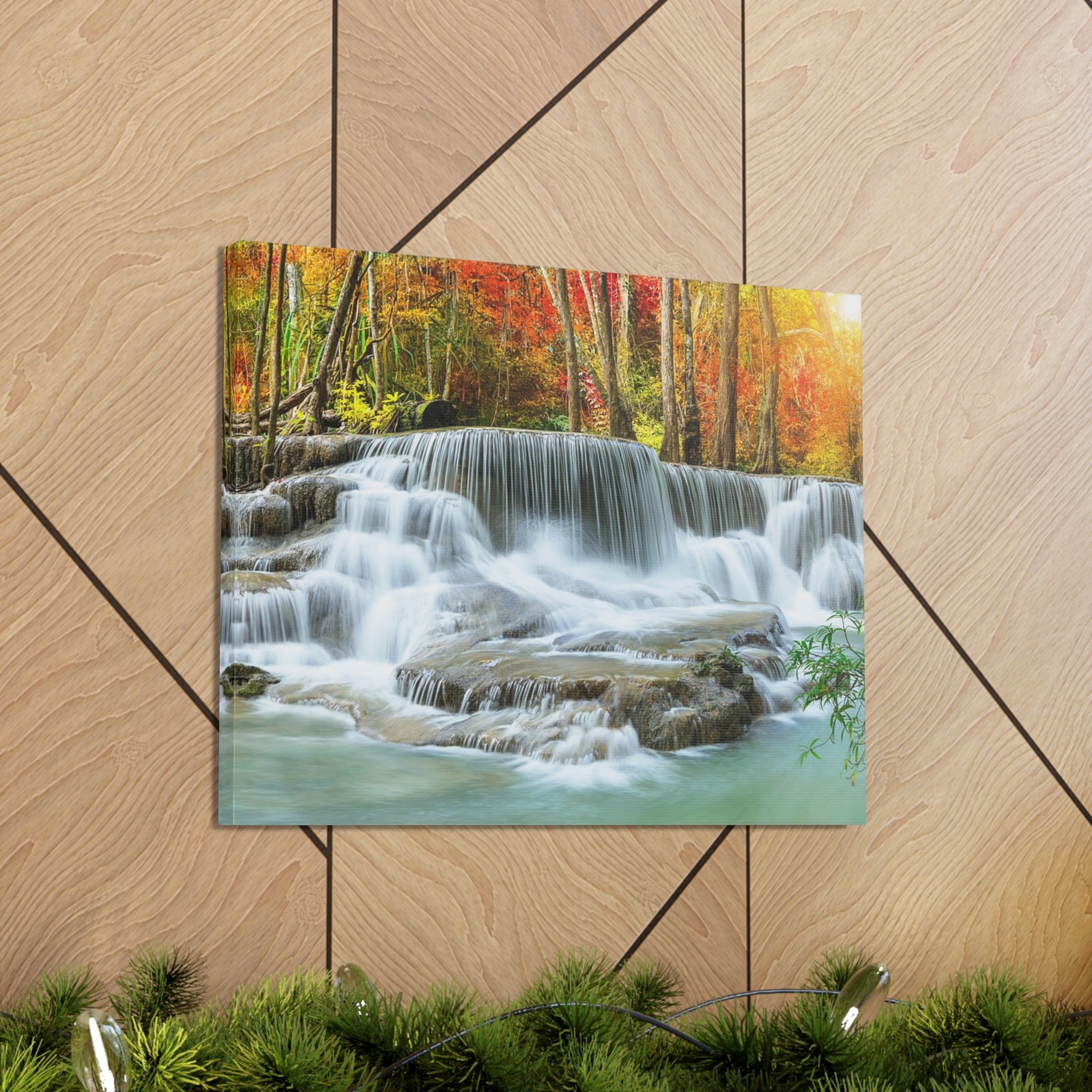 Cascading Autumn Forest Waterfall Nature Wilderness Photography Canvas Wall Art for Home Decor Ready-to-Hang-Express Your Love Gifts