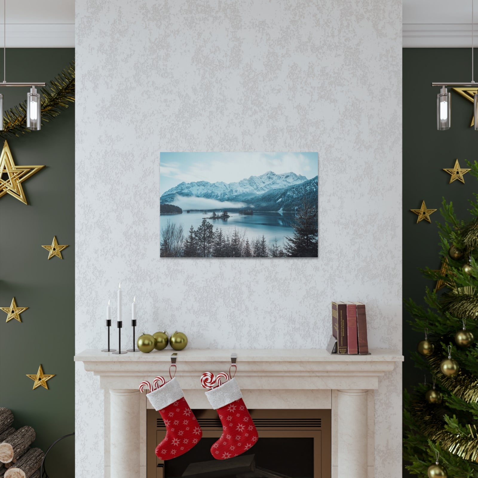Winter Mountain Lake Pine Tree Lake Nature Wilderness Photography Canvas Wall Art for Home Decor Ready-to-Hang-Express Your Love Gifts