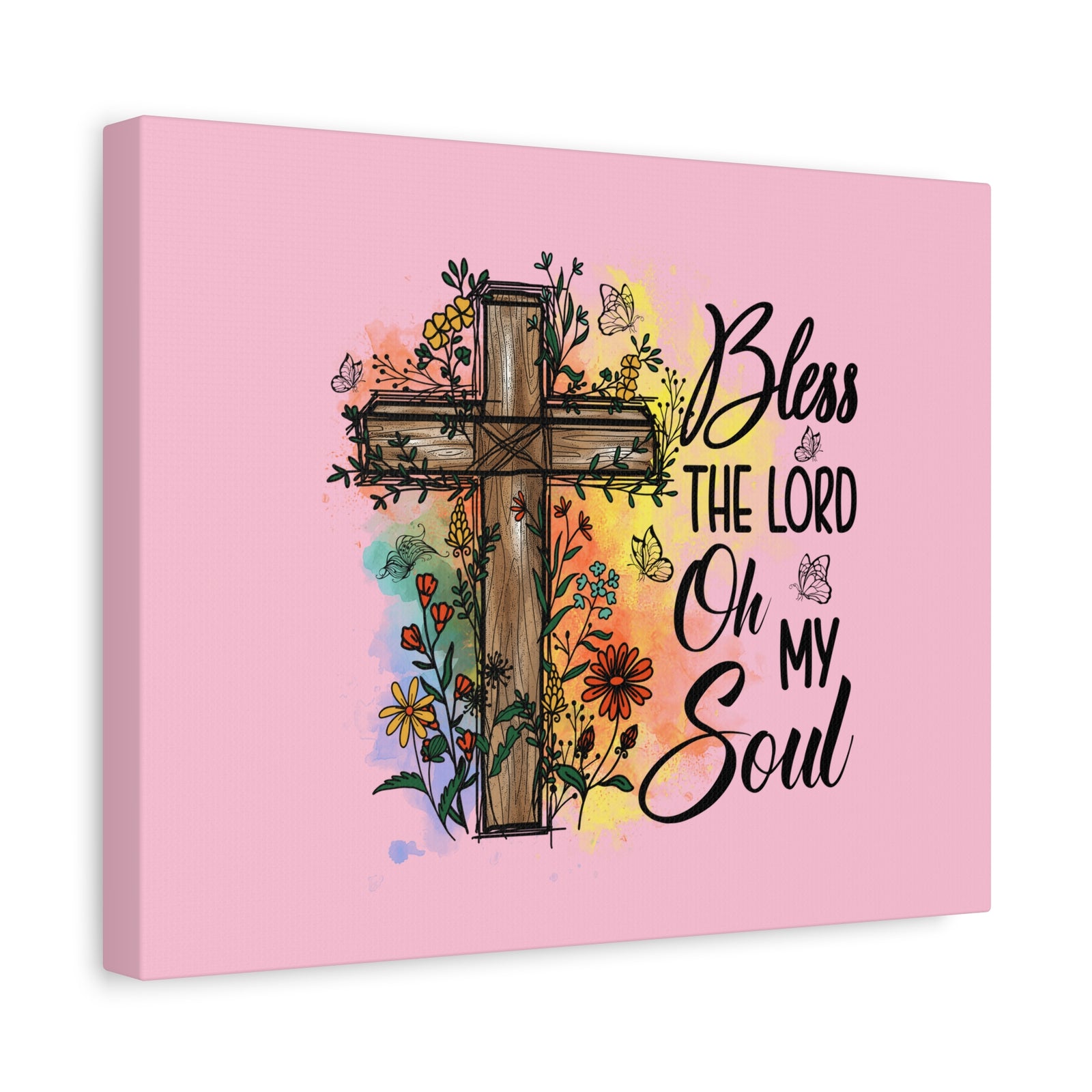 Scripture Canvas Bless The Lord Psalm 103:1 Flower Cross Christian Wall Art Bible Verse Print Ready to Hang-Express Your Love Gifts
