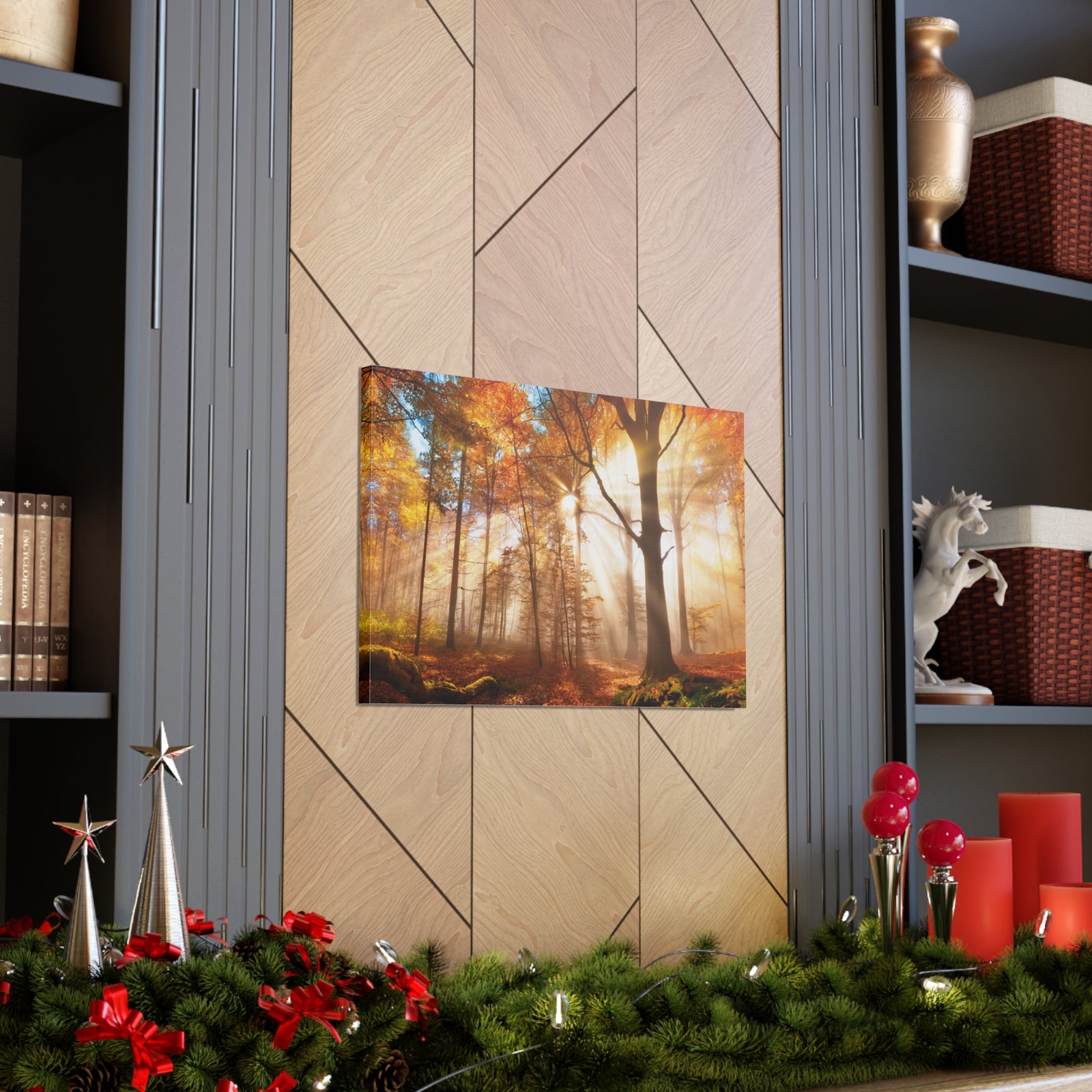Sunlight Shine Autumn Forest Nature Wilderness Photography Canvas Wall Art for Home Decor Ready-to-Hang-Express Your Love Gifts