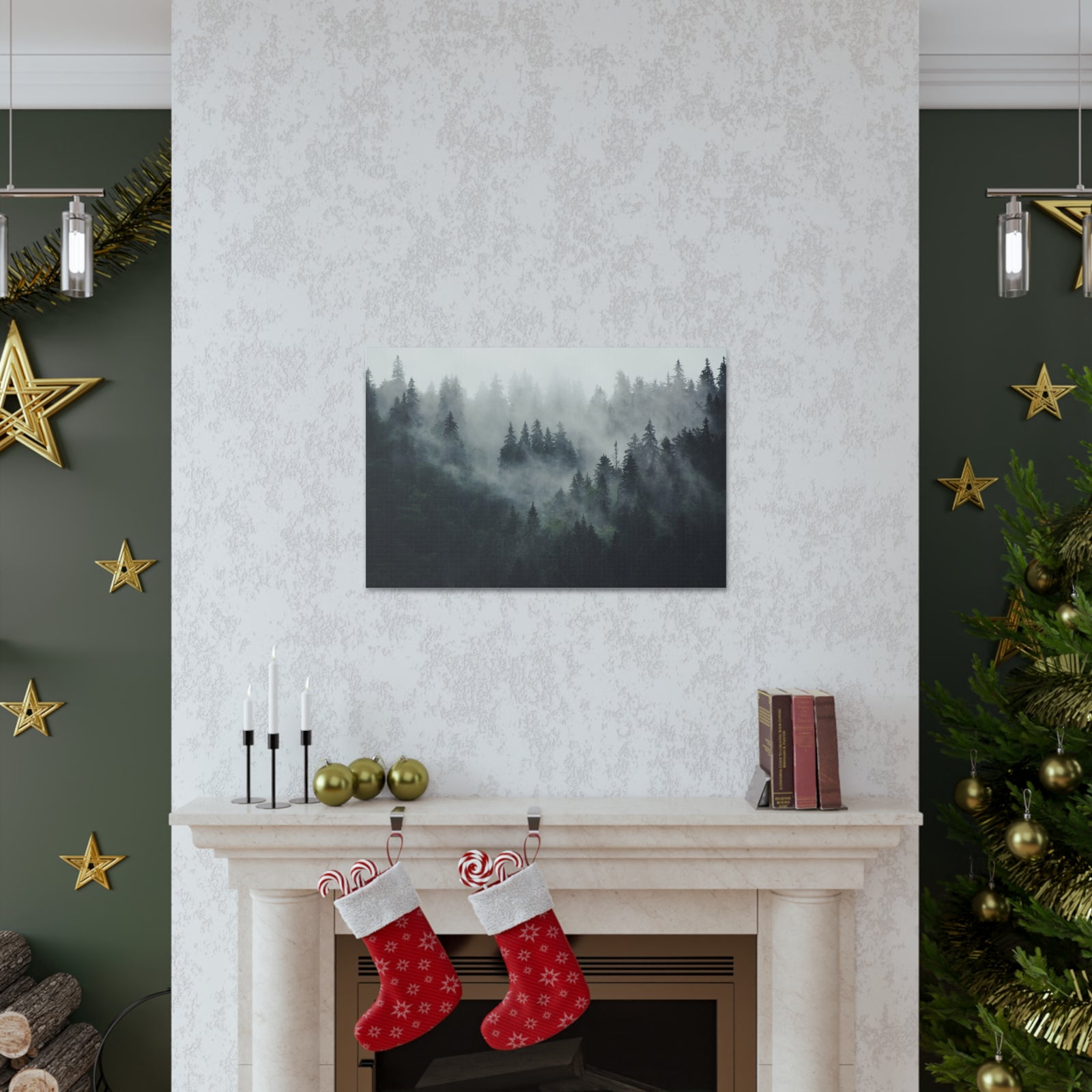 Misty Pine Tree Green Forest Nature Wilderness Photography Canvas Wall Art for Home Decor Ready-to-Hang-Express Your Love Gifts
