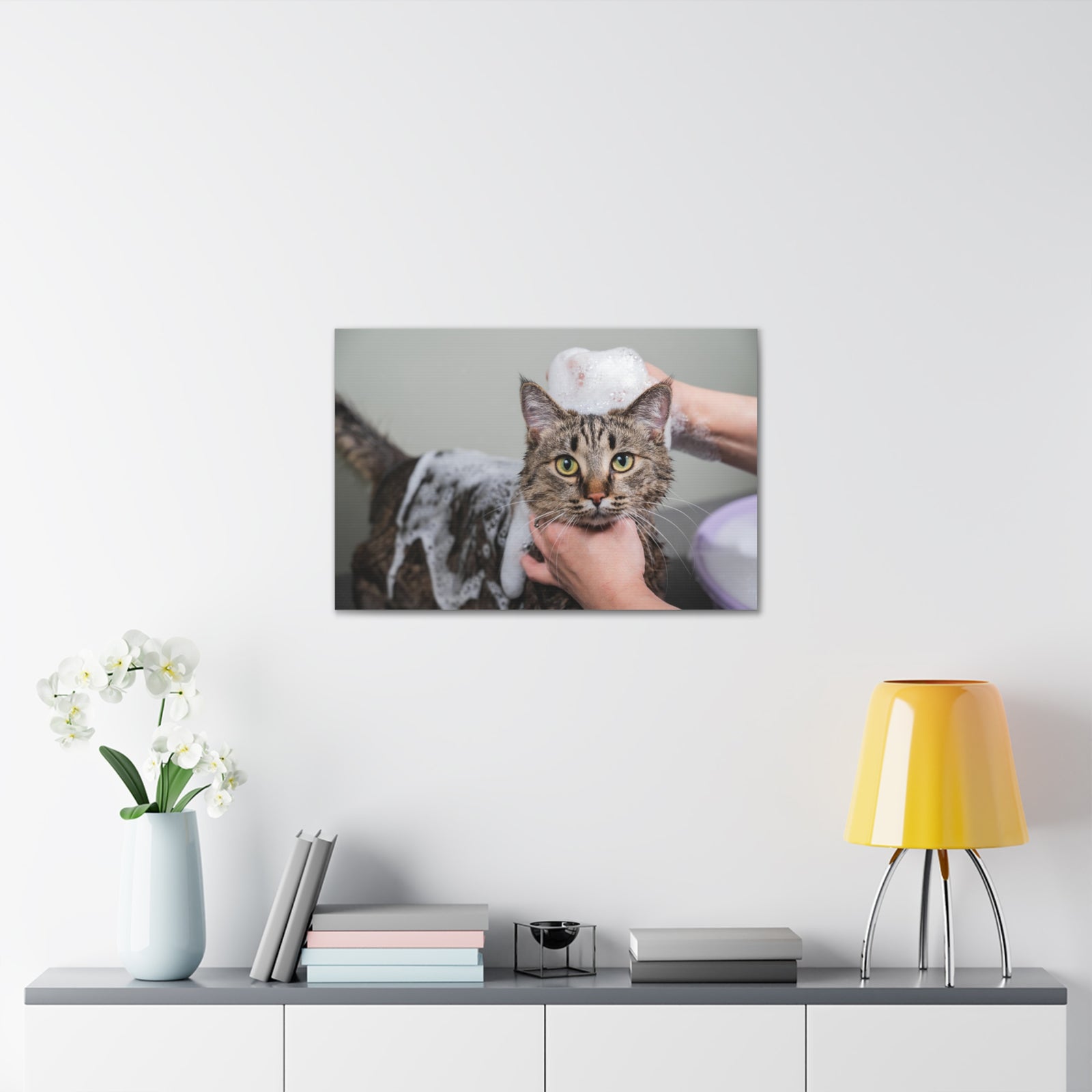 Cute Gray Cat Bath Canvas Wall Art for Home Decor Ready-to-Hang-Express Your Love Gifts