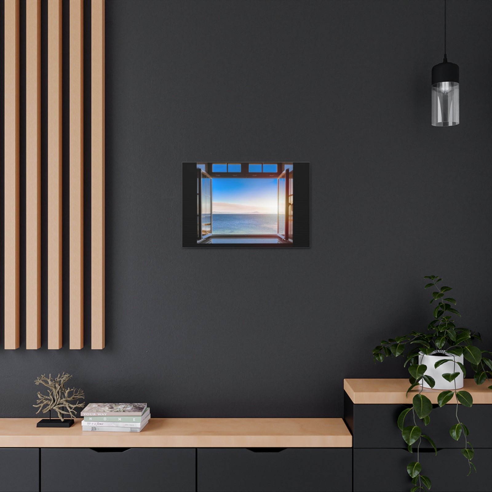 Dark Room Sunset Sea View Open Window Ocean Canvas Wall Art for Home Decor Ready-to-Hang-Express Your Love Gifts