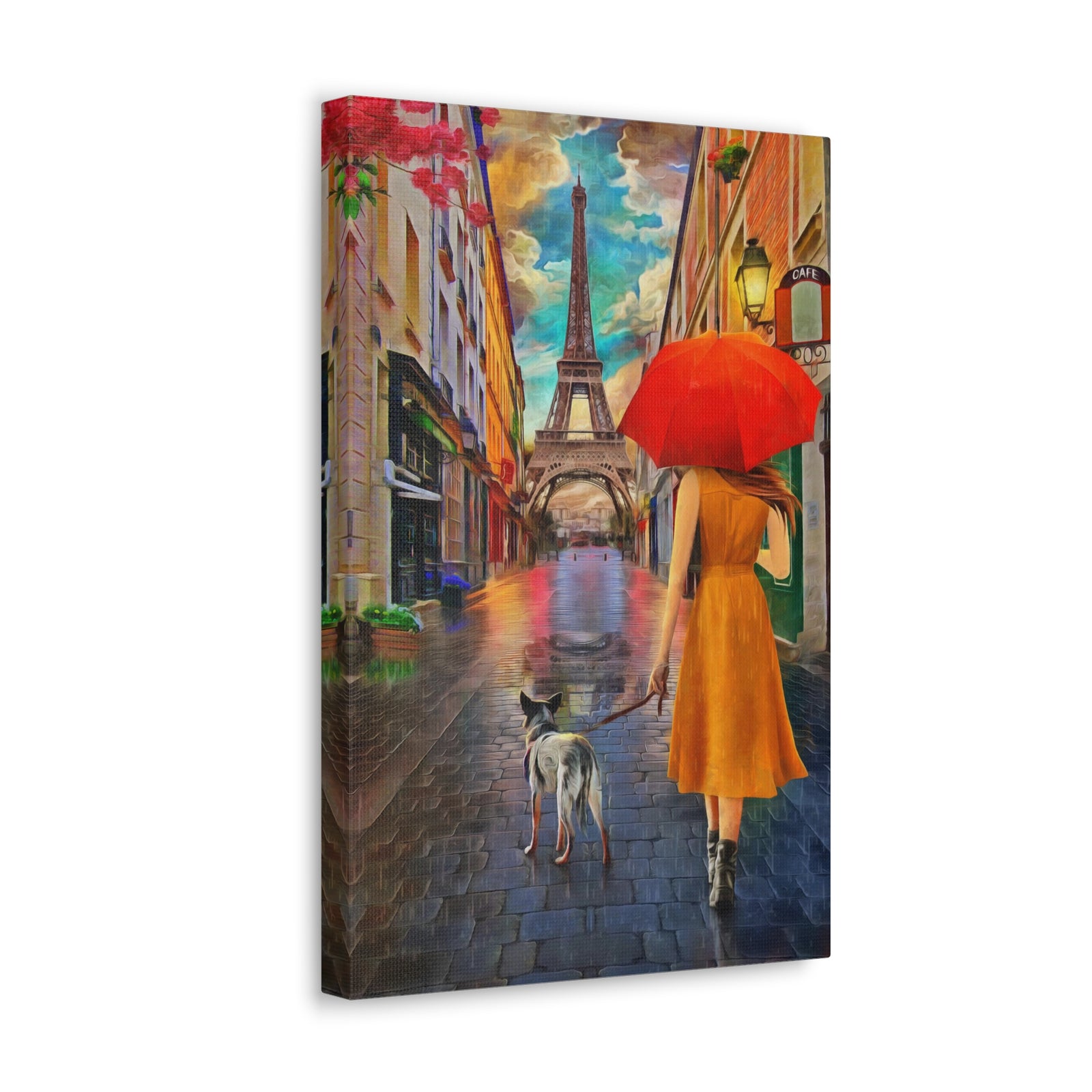 Paris Yellow Dress Red Umbrella Paris Eiffel Tower Couple France Canvas Artwork High-Quality Breathtaking French City for Home Decor Ready to Hang-Express Your Love Gifts