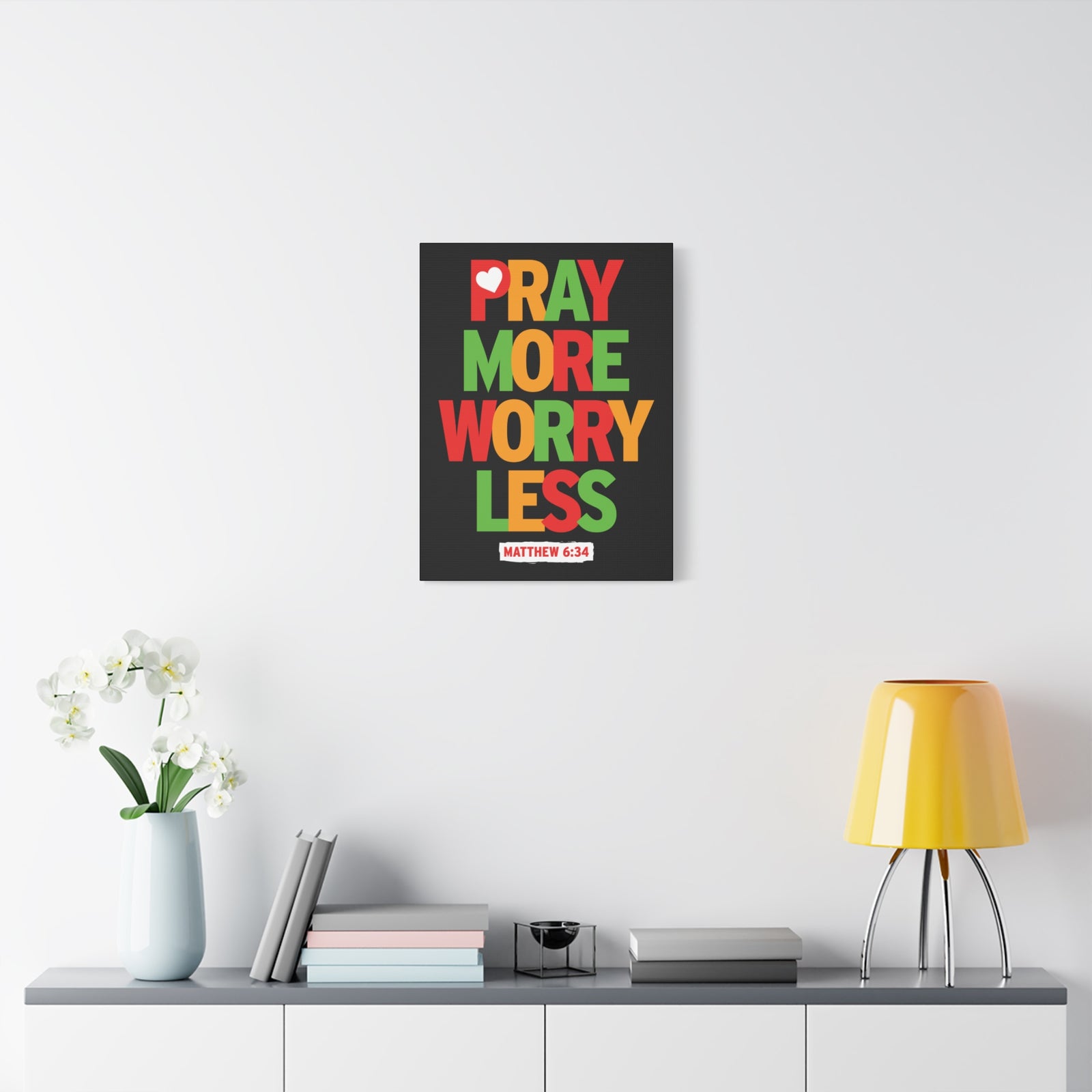 Scripture Canvas Pray More Worry Less Matthew 6:34 Christian Wall Art Bible Verse Print Ready To Hang-Express Your Love Gifts