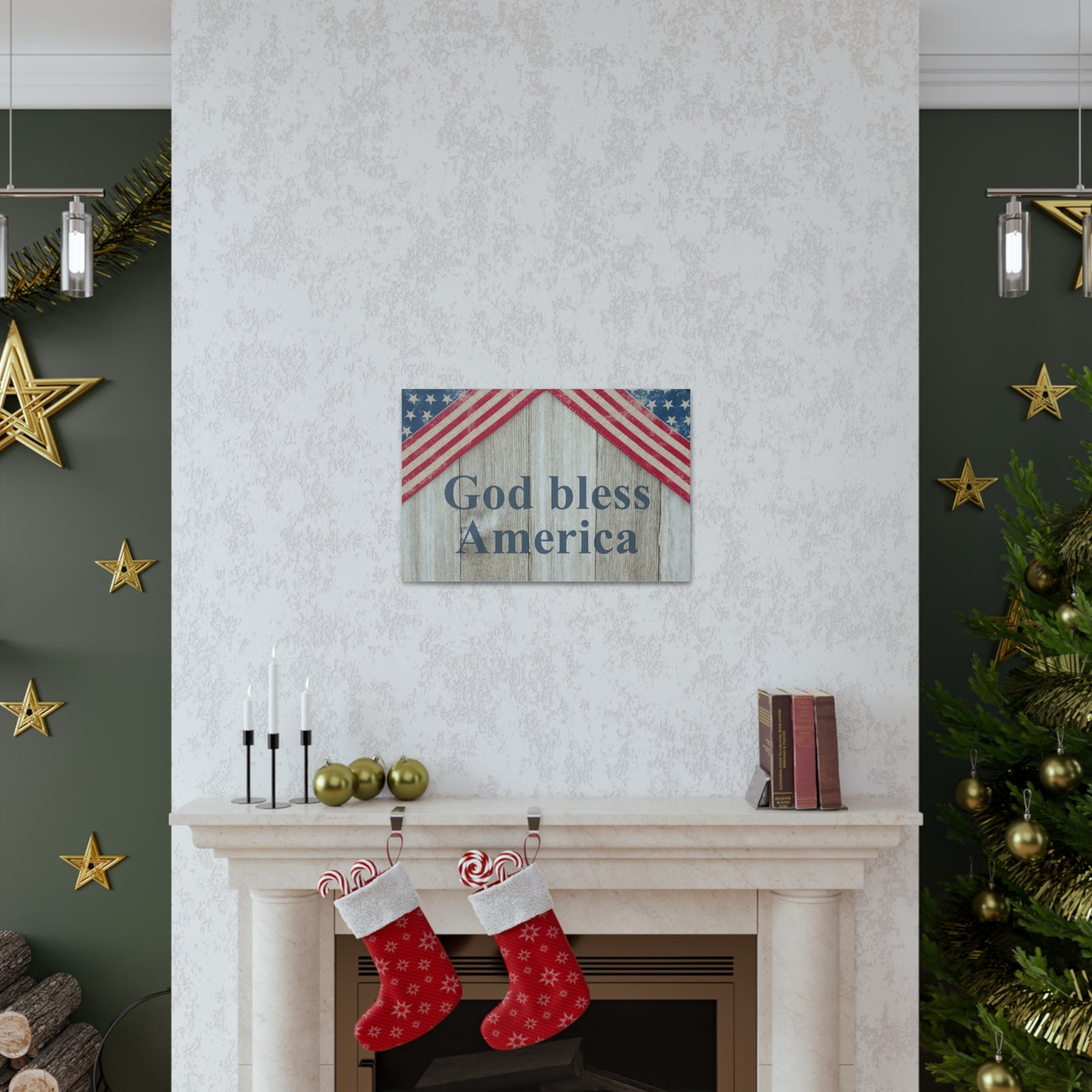 God Bless America Patriotic Message Canvas Wall Art for Home Decor Ready-to-Hang-Express Your Love Gifts