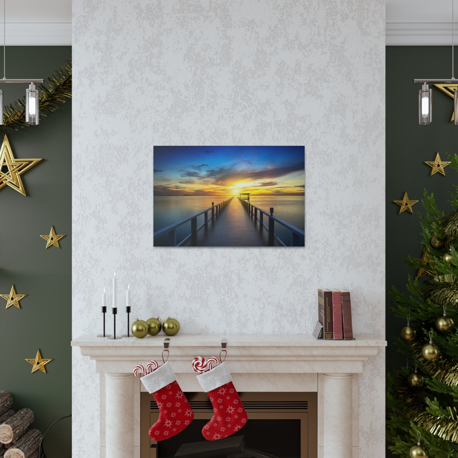 Sunset Beach Pier Nature Wilderness Photography Canvas Wall Art for Home Decor Ready-to-Hang-Express Your Love Gifts