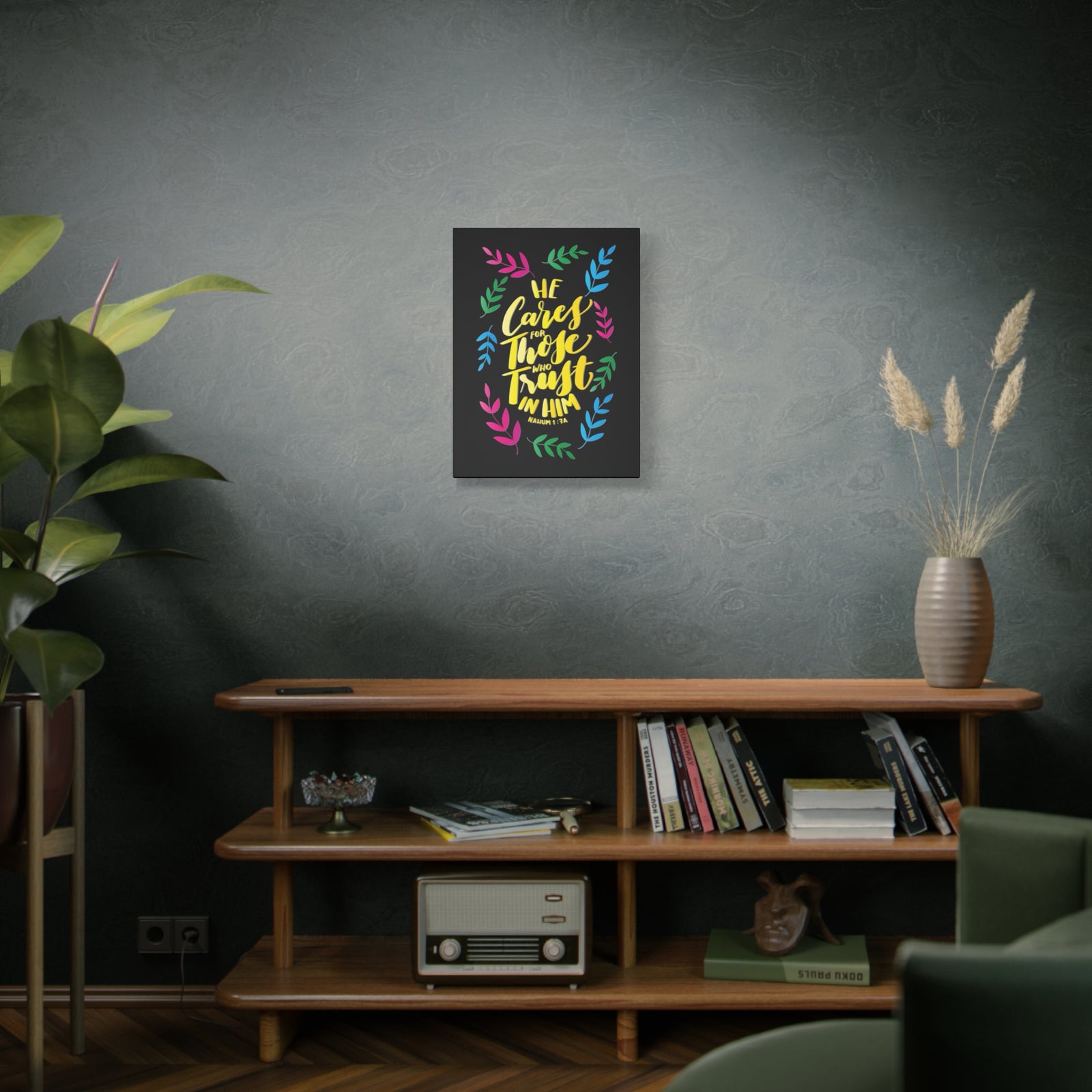 Scripture Canvas Trust In Him Nahum 1:7A Christian Wall Art Bible Verse Print Ready to Hang-Express Your Love Gifts