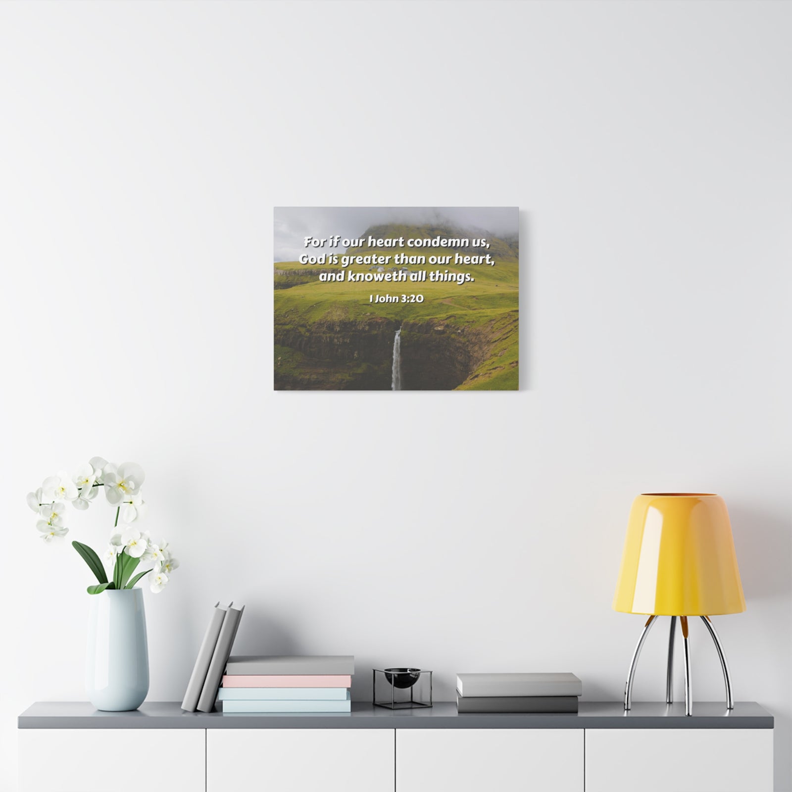 Scripture Canvas God Is Greater 1 John 3:20 Christian Wall Art Bible Verse Print Ready to Hang-Express Your Love Gifts