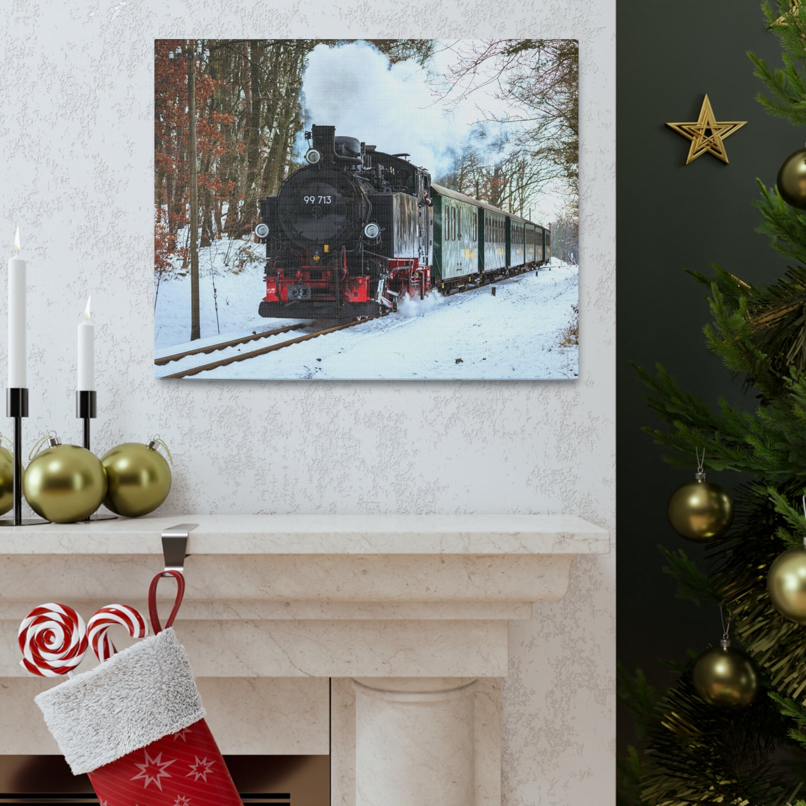Steam Train Winter White Smoke Modern Multicolor Scenic Nature Photography Canvas Home Office Decor Ready to Hang-Express Your Love Gifts