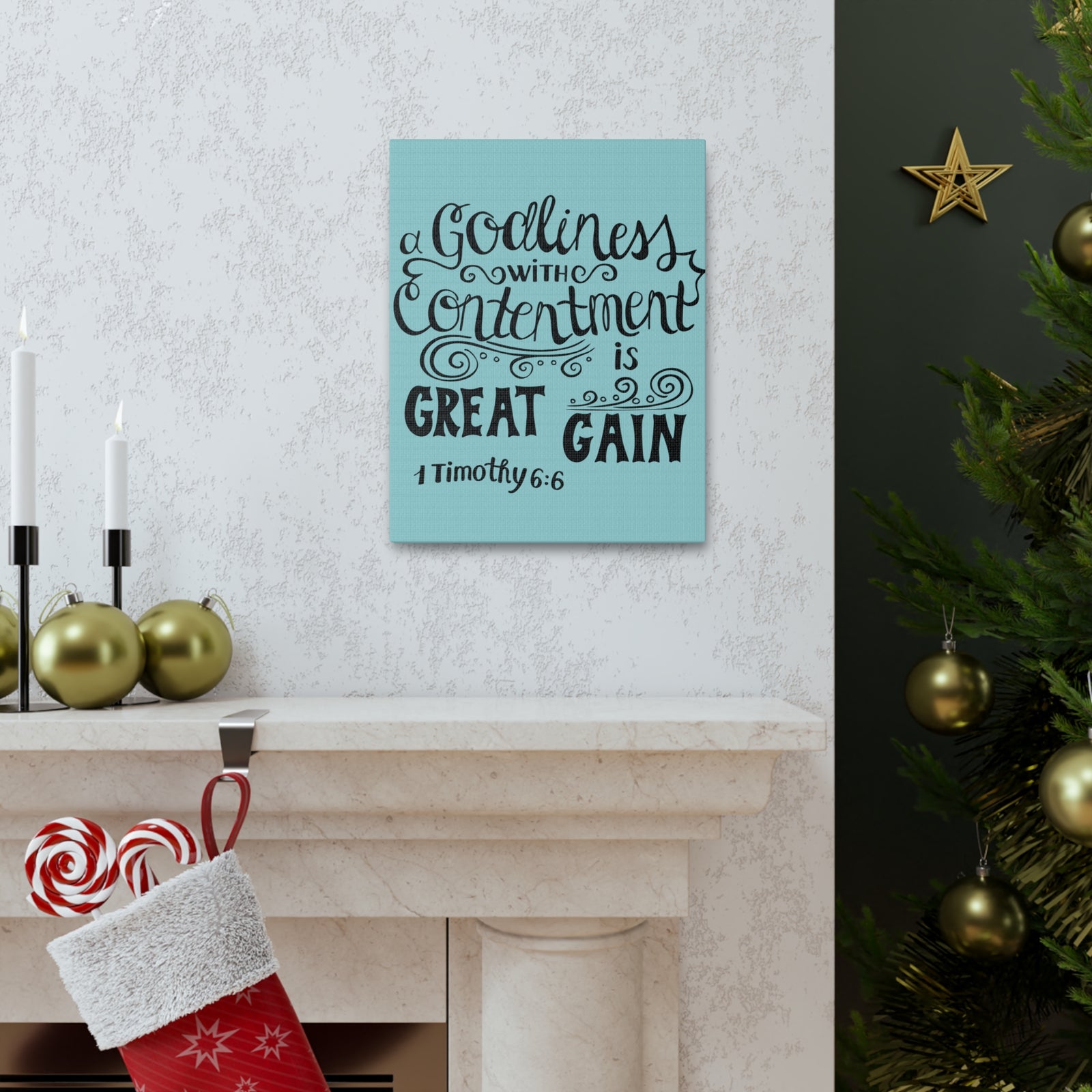 Scripture Canvas Godliness With Contentment 1 Timothy 6:6 Christian Wall Art Bible Verse Print Ready To Hang-Express Your Love Gifts