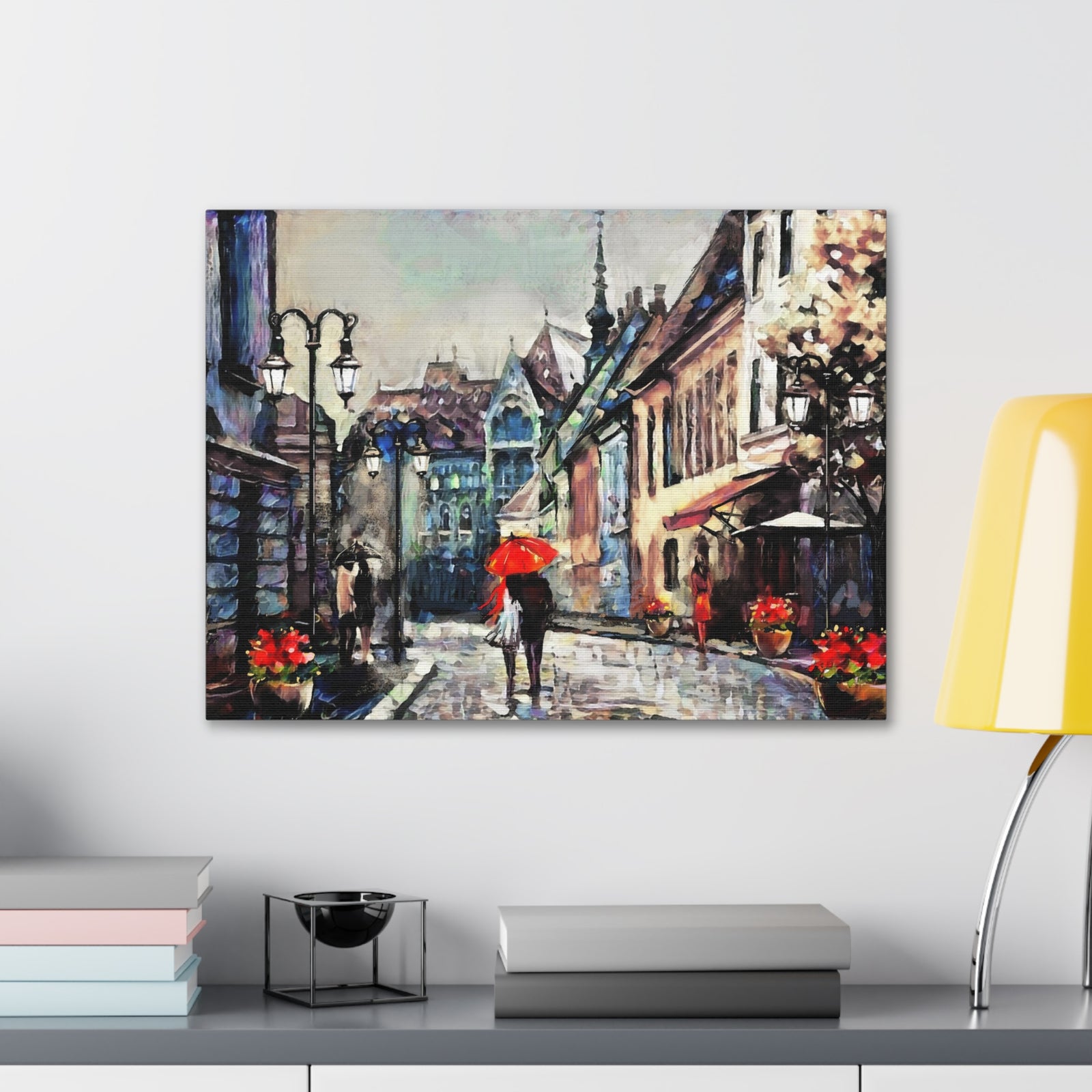 Paris Street View Couple With Red Umbrella France Canvas Artwork High-Quality Breathtaking French City for Home Decor Ready to Hang-Express Your Love Gifts