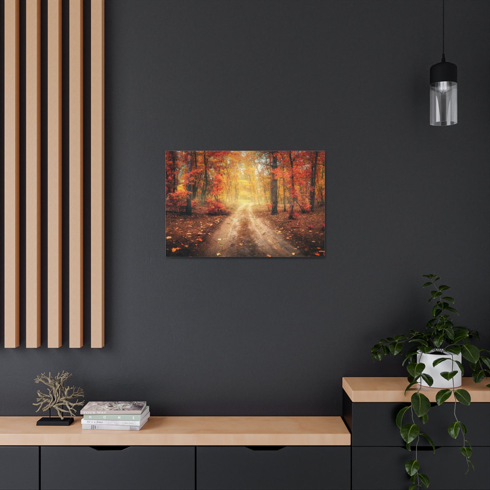 Autumn Forest Misty Orange Tree Path Nature Wilderness Photography Canvas Wall Art for Home Decor Ready-to-Hang-Express Your Love Gifts