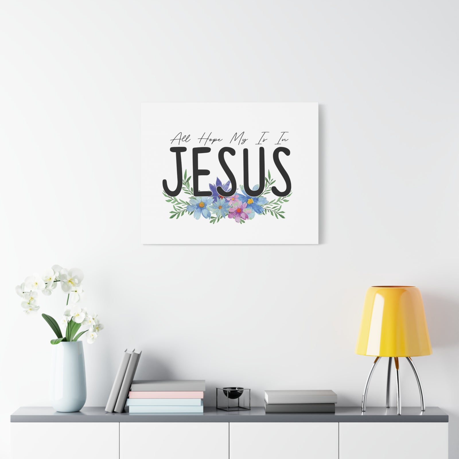 Scripture Canvas All My Hope Is In Jesus Jeremiah 29:11 Blue Flowers Christian Wall Art Bible Verse Print Ready to Hang-Express Your Love Gifts