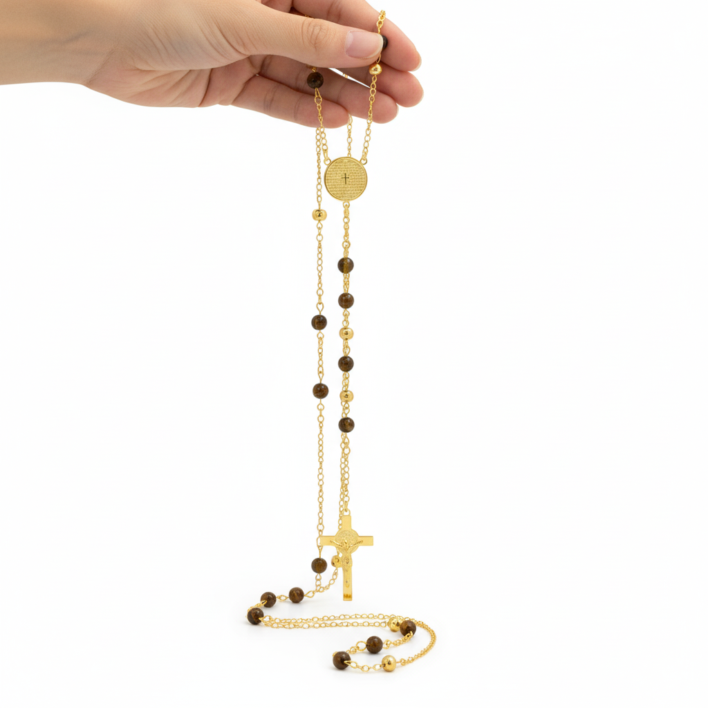Rosary Necklace 18K Gold Plated Men's Tiger Eye Prayer Style 24" Chain-Express Your Love Gifts