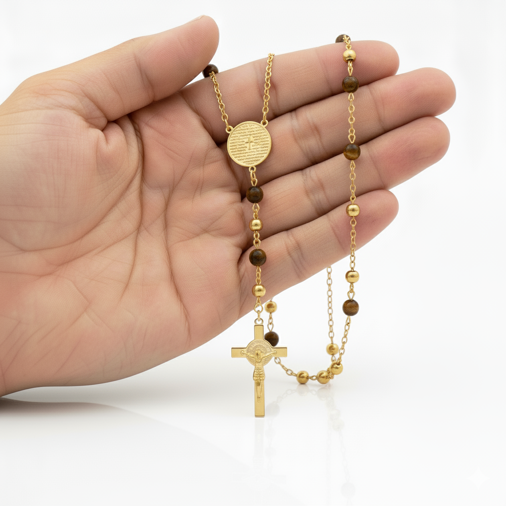 Rosary Necklace 18K Gold Plated Men's Tiger Eye Prayer Style 24" Chain-Express Your Love Gifts