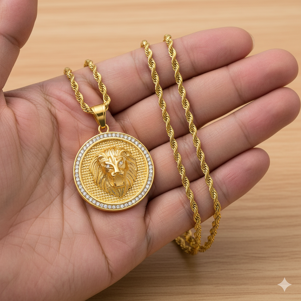 Lion Head Men's 18K Gold Plated Pendant Diamond-Accented 24" Chain-Express Your Love Gifts