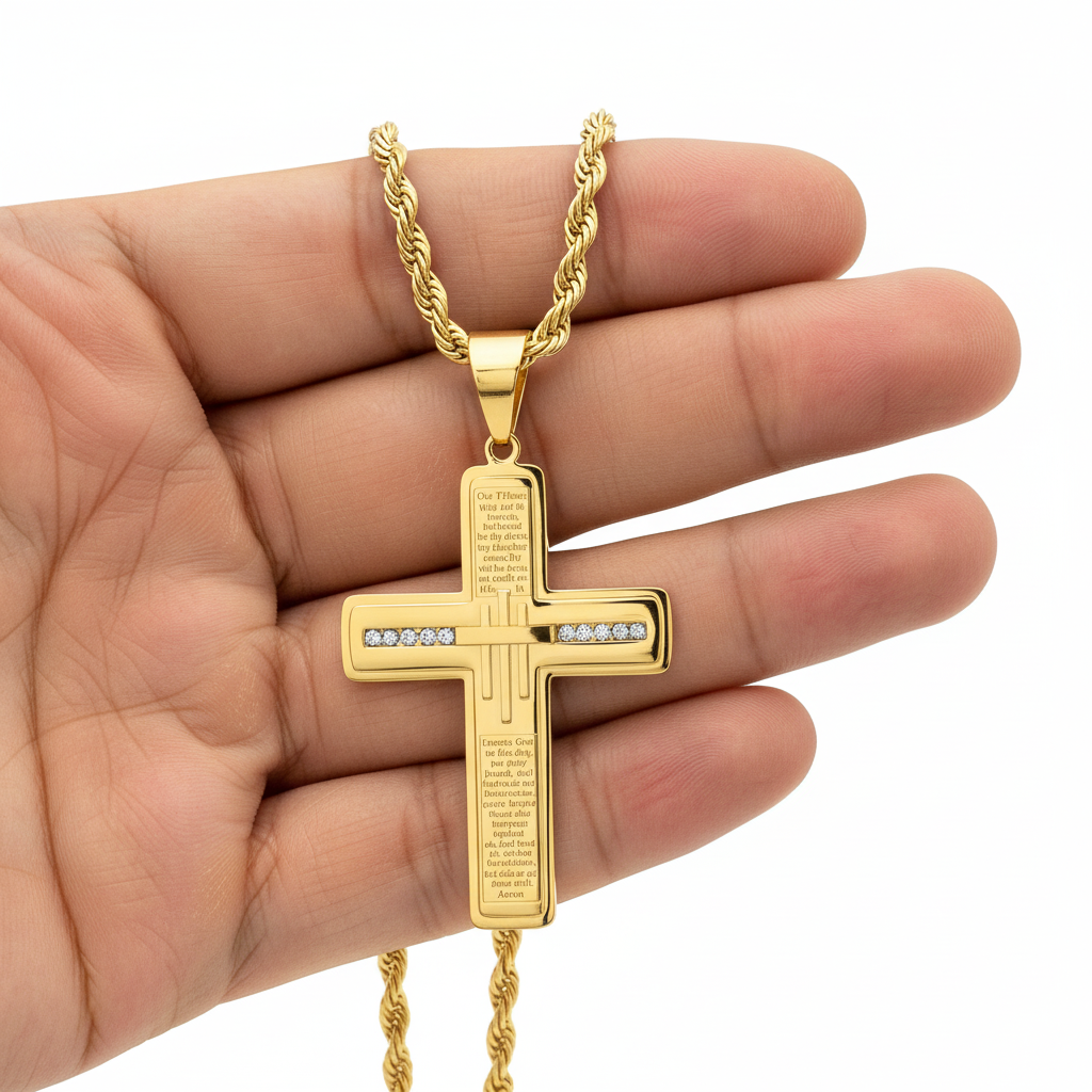 Lords Prayer Men's Cross Pendant 18K Gold Plated 24" Chain-Express Your Love Gifts