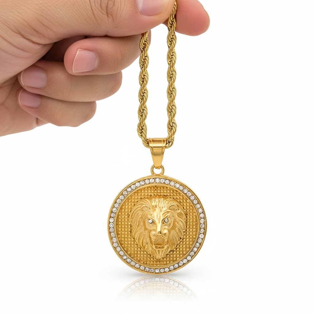 Lion Head Men's 18K Gold Plated Pendant Diamond-Accented 24" Chain-Express Your Love Gifts