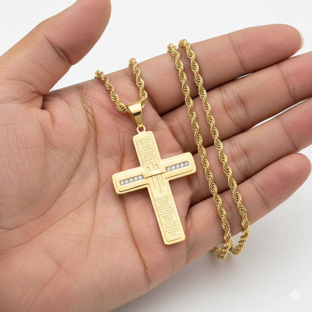 Lords Prayer Men's Cross Pendant 18K Gold Plated 24" Chain-Express Your Love Gifts
