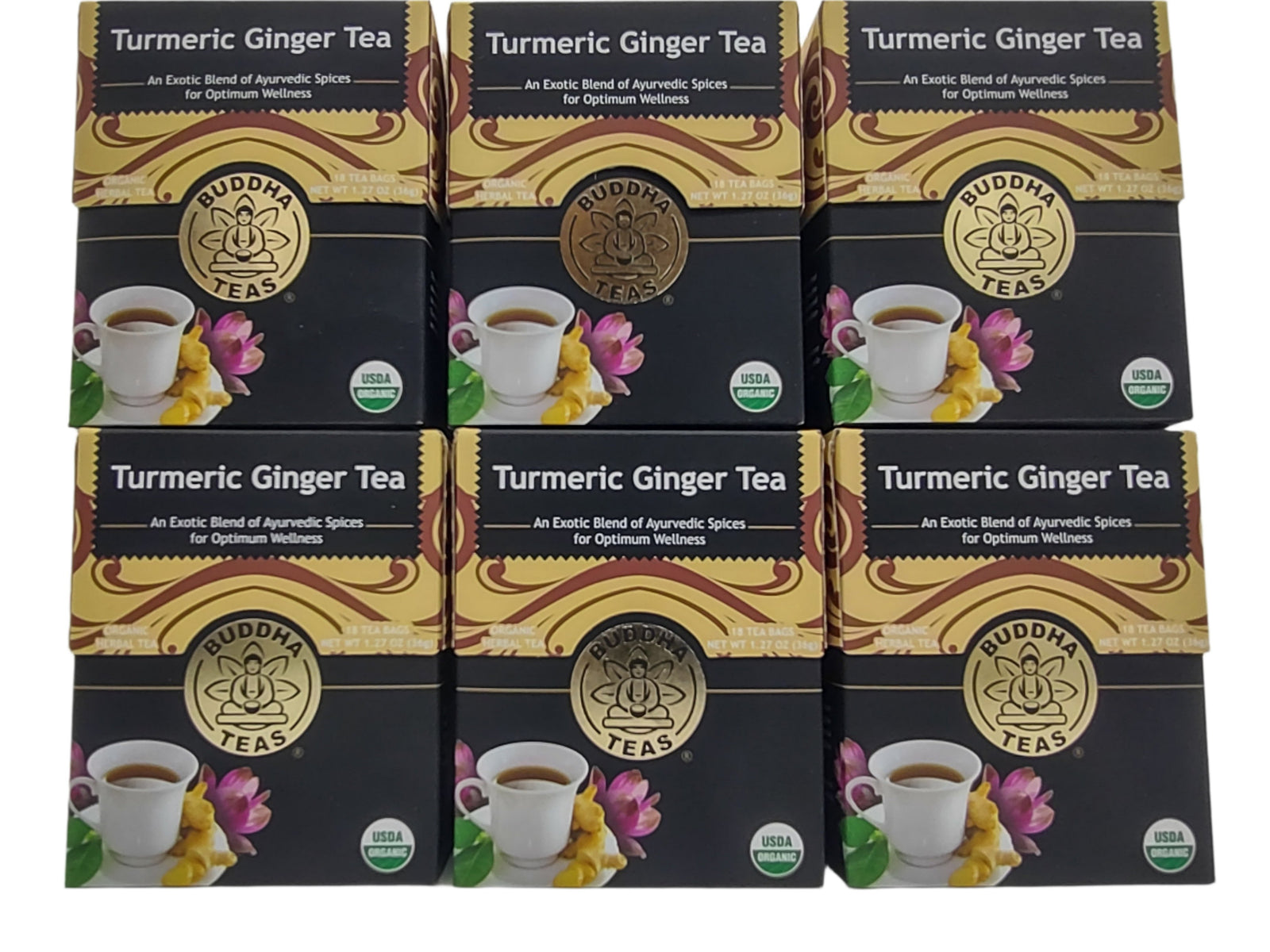 Buddha Teas Organic Turmeric Ginger Tea, USDA Organic, Kosher, 18 Bleach-Free Tea Bags (Pack of 6)-Express Your Love Gifts