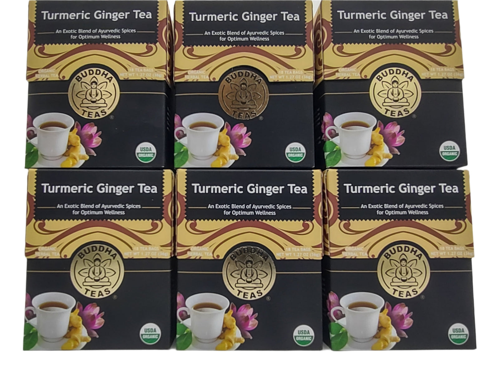 Buddha Teas Organic Turmeric Ginger Tea, USDA Organic, Kosher, 18 Bleach-Free Tea Bags (Pack of 6)-Express Your Love Gifts