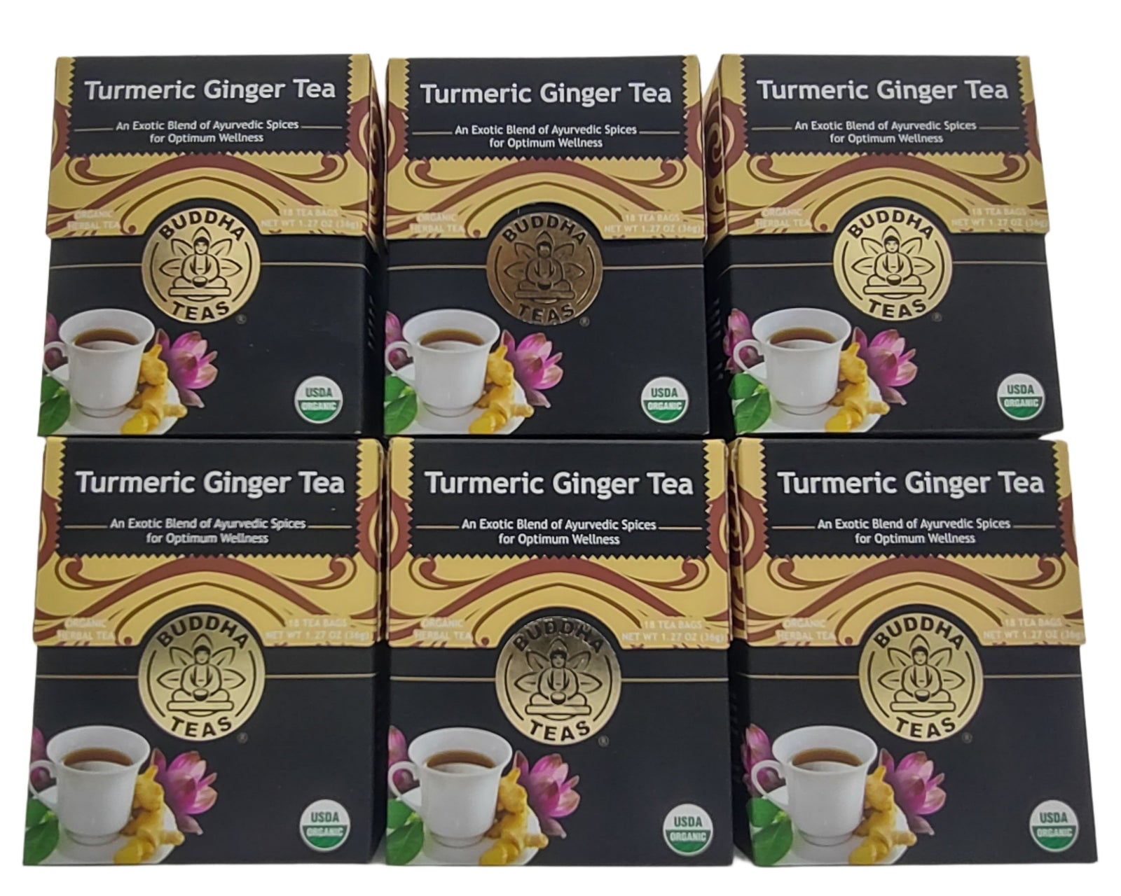 Buddha Teas Organic Turmeric Ginger Tea, USDA Organic, Kosher, 18 Bleach-Free Tea Bags (Pack of 6)-Express Your Love Gifts