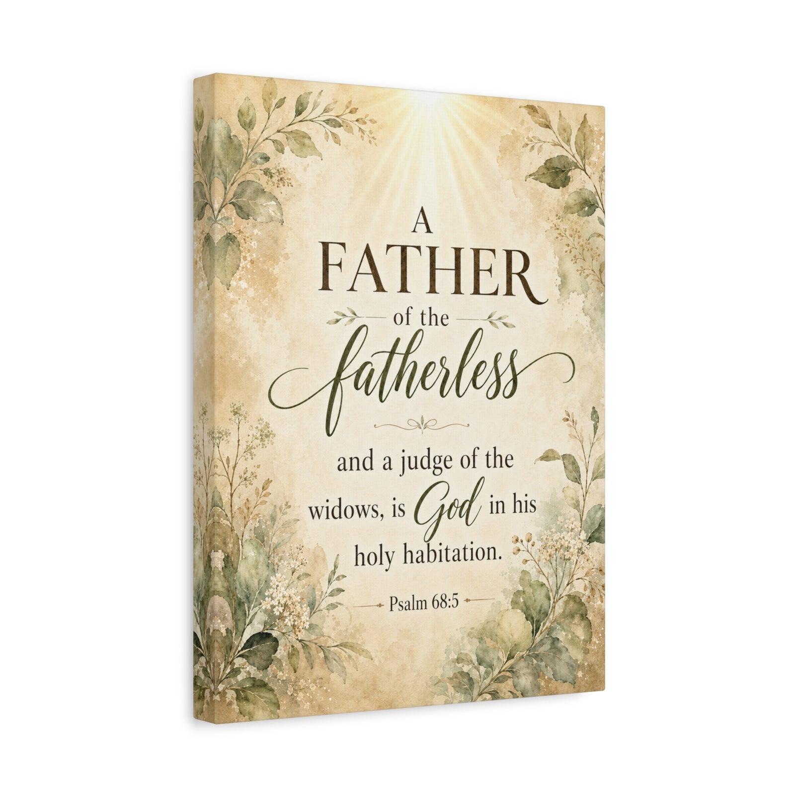A vertical canvas wall art print featuring a Bible verse from Psalm 68:5, 'A Father of the fatherless and a judge of the widows, is God in his holy habitation.' The text is printed in dark brown and black script on a warm beige background with a sunburst at the top and watercolor-style botanical illustrations in muted green and beige along the sides.