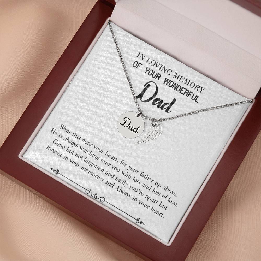Father Up Above Remembrance Necklace for Dad Angel Wing Charm Stainless Steel or 18k Gold Finish-Express Your Love Gifts
