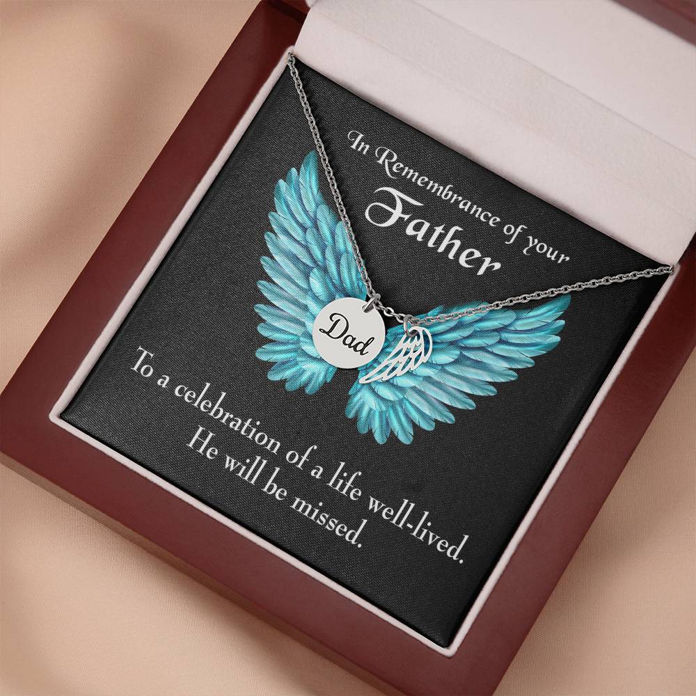 He Will Be Missed Remembrance Necklace for Dad Angel Wing Charm Stainless Steel or 18k Gold Finish-Express Your Love Gifts