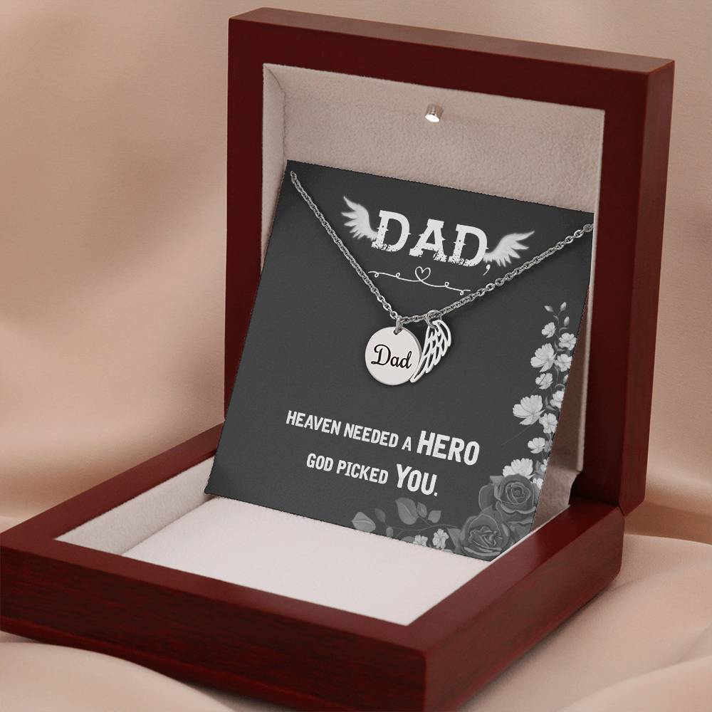 Heaven Needed a Hero Remembrance Necklace for Dad Angel Wing Charm Stainless Steel or 18k Gold Finish-Express Your Love Gifts