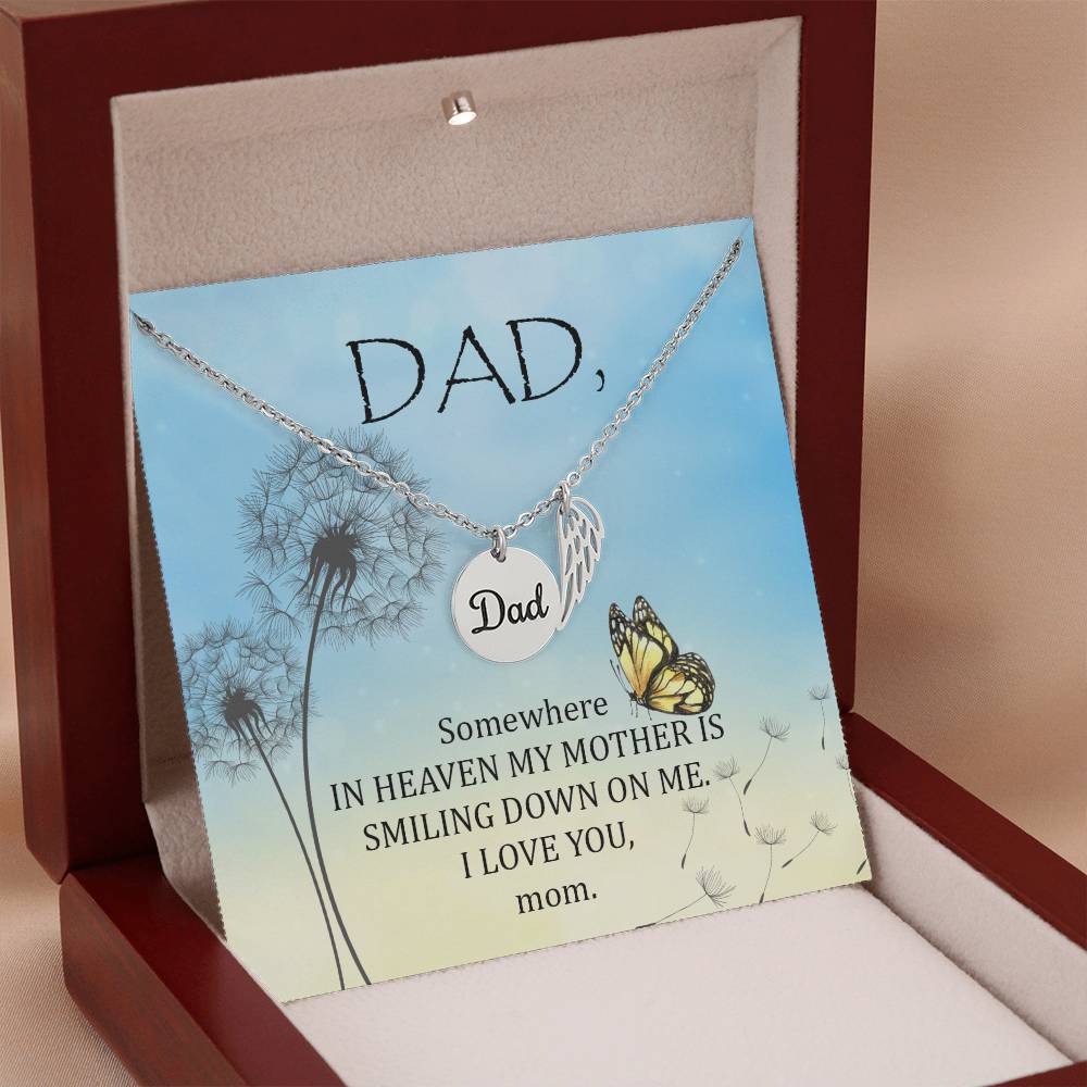 Somewhere in Heaven Remembrance Necklace for Dad Angel Wing Charm Stainless Steel or 18k Gold Finish-Express Your Love Gifts