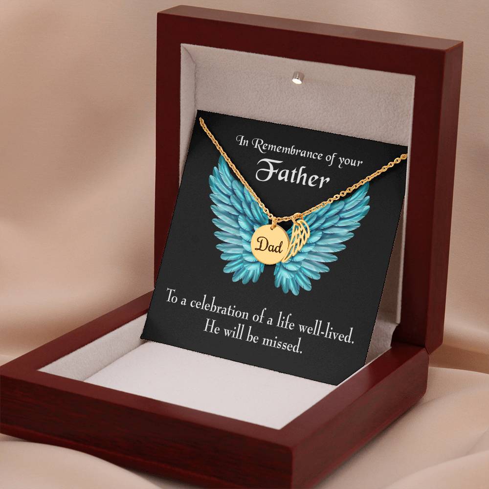 He Will Be Missed Remembrance Necklace for Dad Angel Wing Charm Stainless Steel or 18k Gold Finish-Express Your Love Gifts