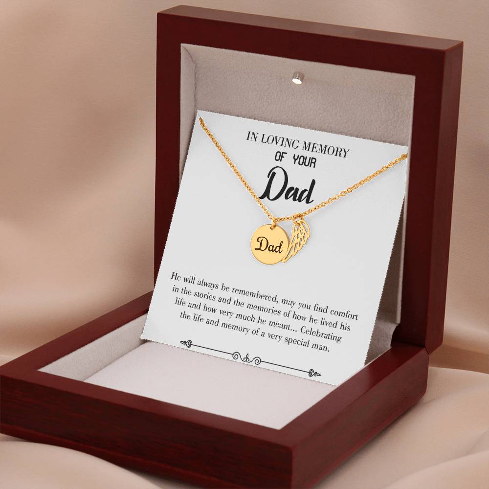 Celebrating Life Remembrance Necklace for Dad Angel Wing Charm Stainless Steel or 18k Gold Finish-Express Your Love Gifts
