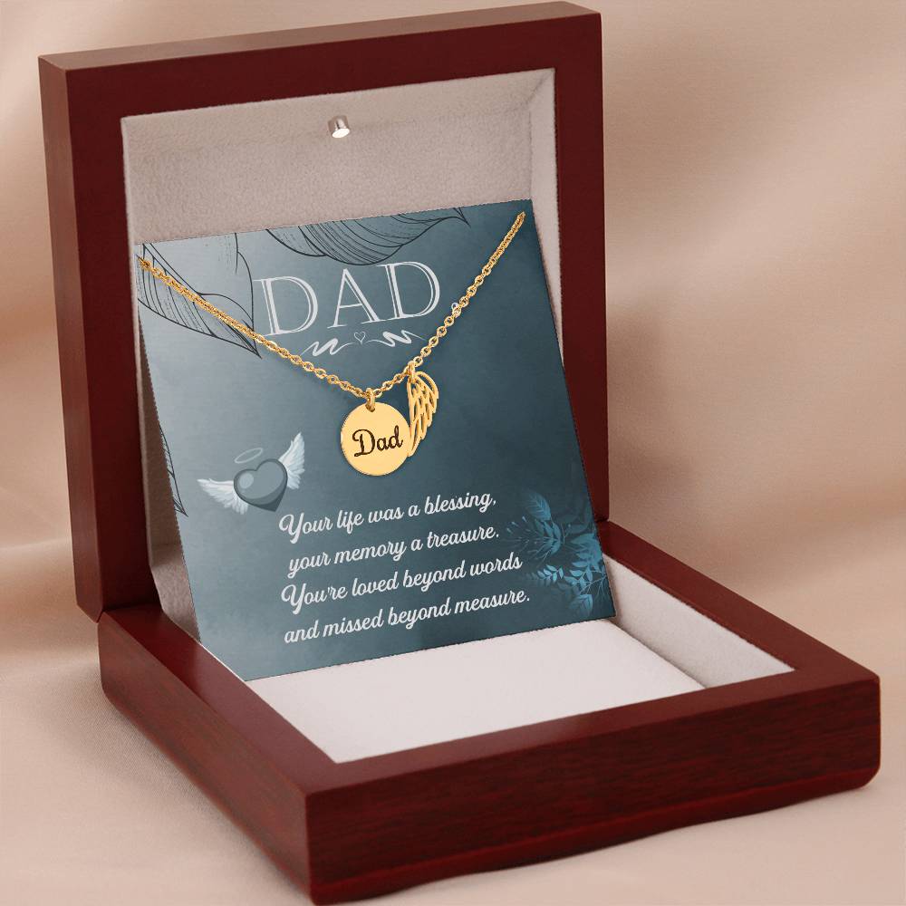 Your Life Was a Blessing Remembrance Necklace for Dad Angel Wing Charm Stainless Steel or 18k Gold Finish-Express Your Love Gifts