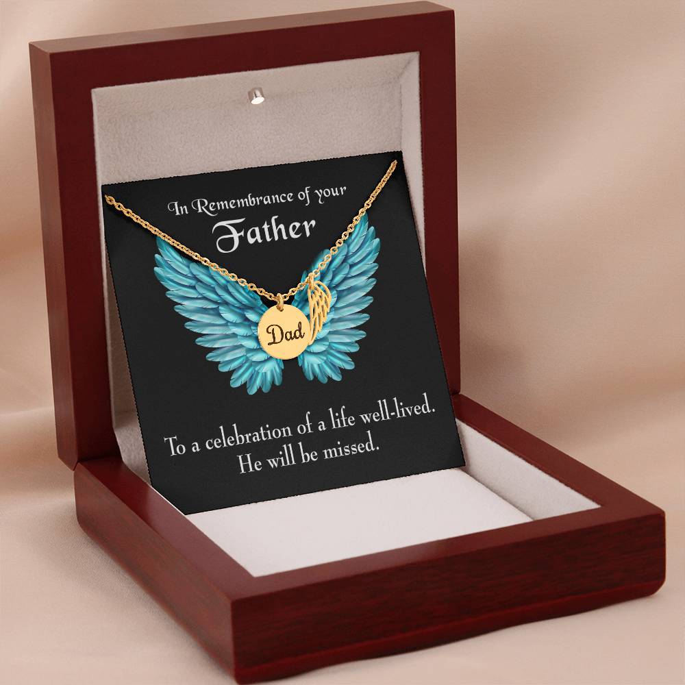 He Will Be Missed Remembrance Necklace for Dad Angel Wing Charm Stainless Steel or 18k Gold Finish-Express Your Love Gifts