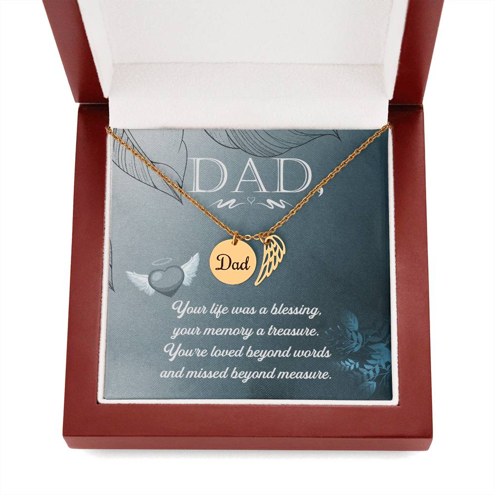 Your Life Was a Blessing Remembrance Necklace for Dad Angel Wing Charm Stainless Steel or 18k Gold Finish-Express Your Love Gifts