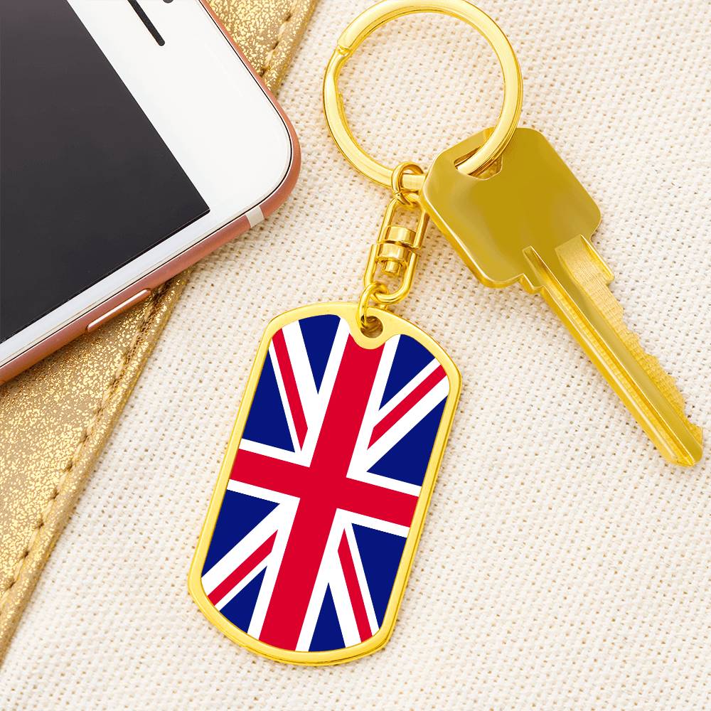 UK Flag Stainless Steel or 18k Gold Premium Swivel Dog Tag Keychain-Express Your Love Gifts