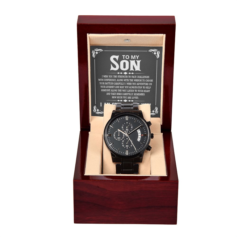 To My Son I Wish You the Strength to Face Challenges Black Chronograph Watch With Message Card in Mahogany Box-Express Your Love Gifts