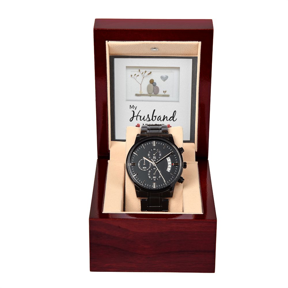 To My Husband My Love Black Chronograph Watch With Message Card in Mahogany Box-Express Your Love Gifts