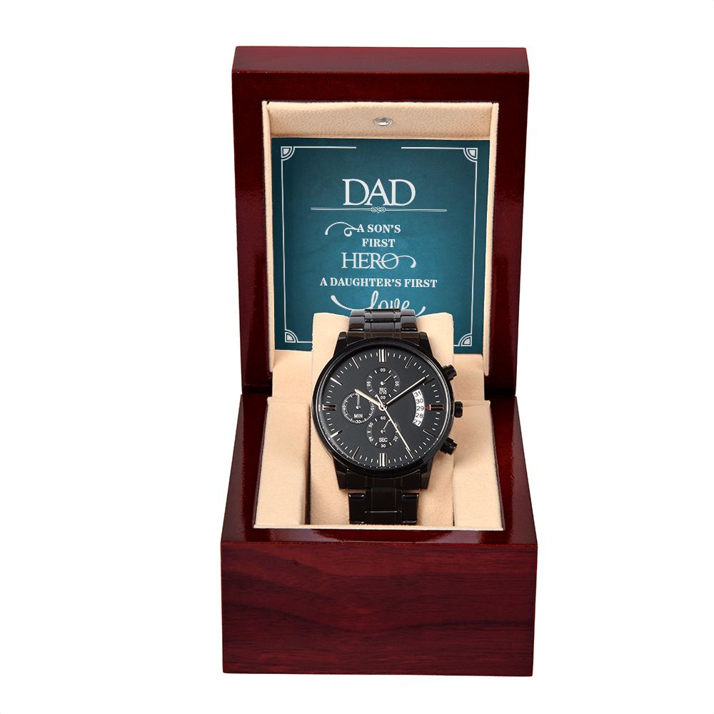 To My Dad a Sons First Hero Black Chronograph Watch With Message Card in Mahogany Box-Express Your Love Gifts
