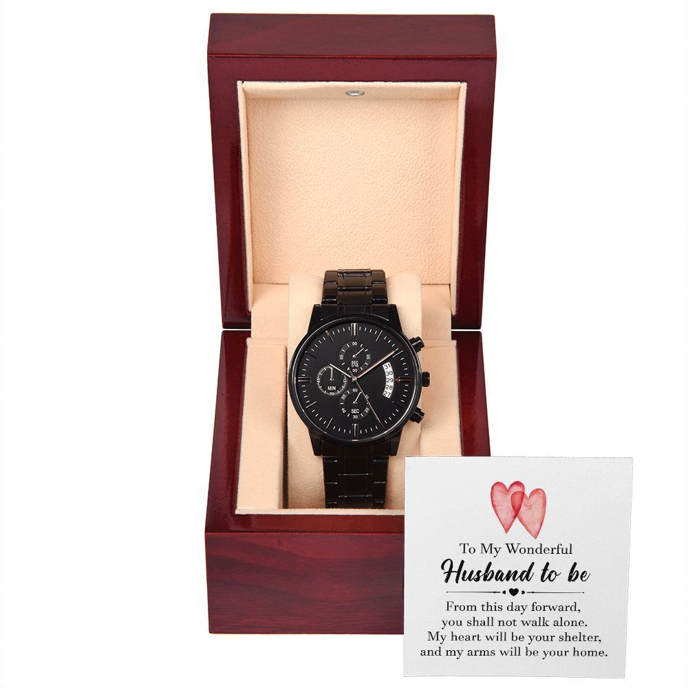 To My Husband To Be Black Chronograph Watch With Message Card in Mahogany Box-Express Your Love Gifts